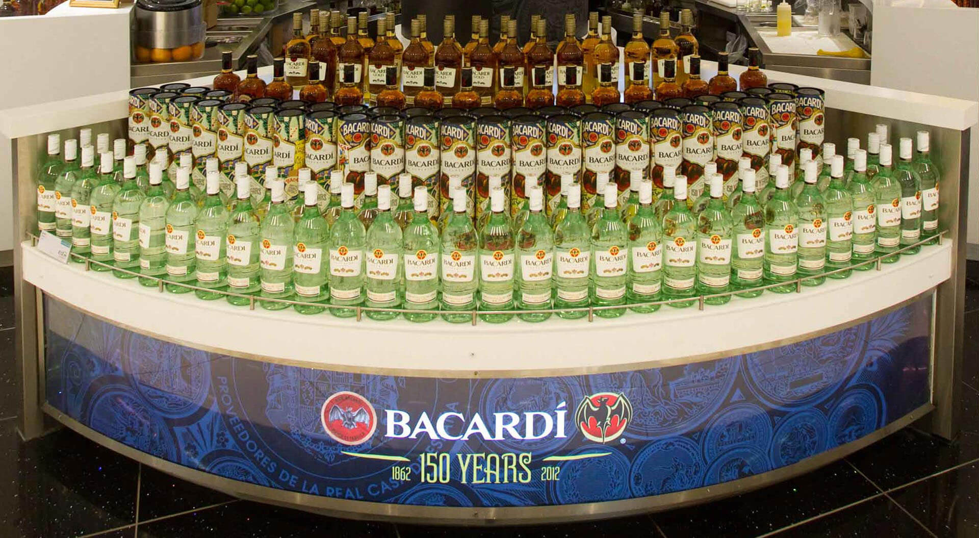 Bacardi 150 Years celebration merchandising system design and store interior World Duty Free Heathrow Terminal 5 graphic promotions
