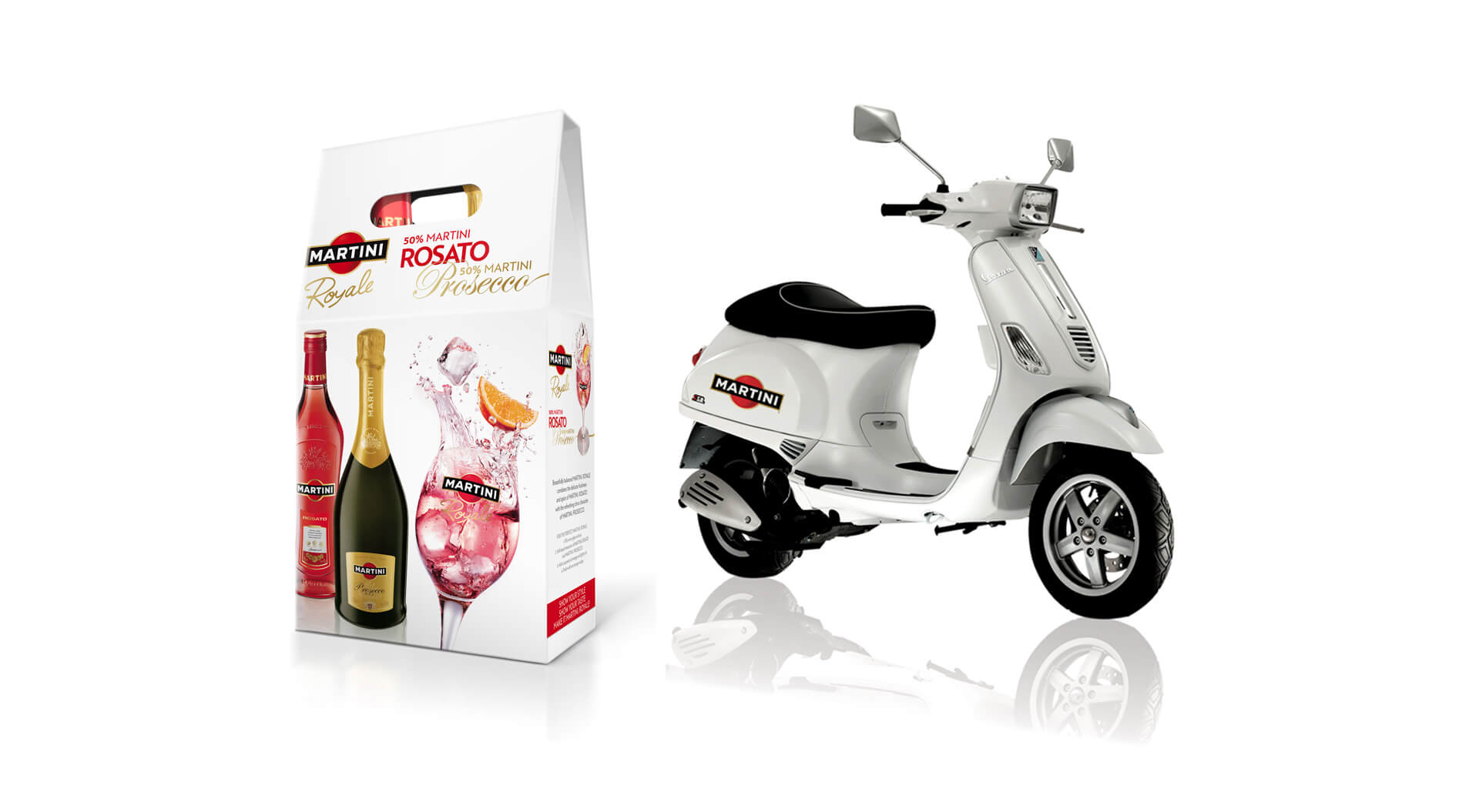  Martini Royale spirits industry promotion campaigns win a Vespa travel retail, airports, and packaging design for Bacardi Global Travel Retail