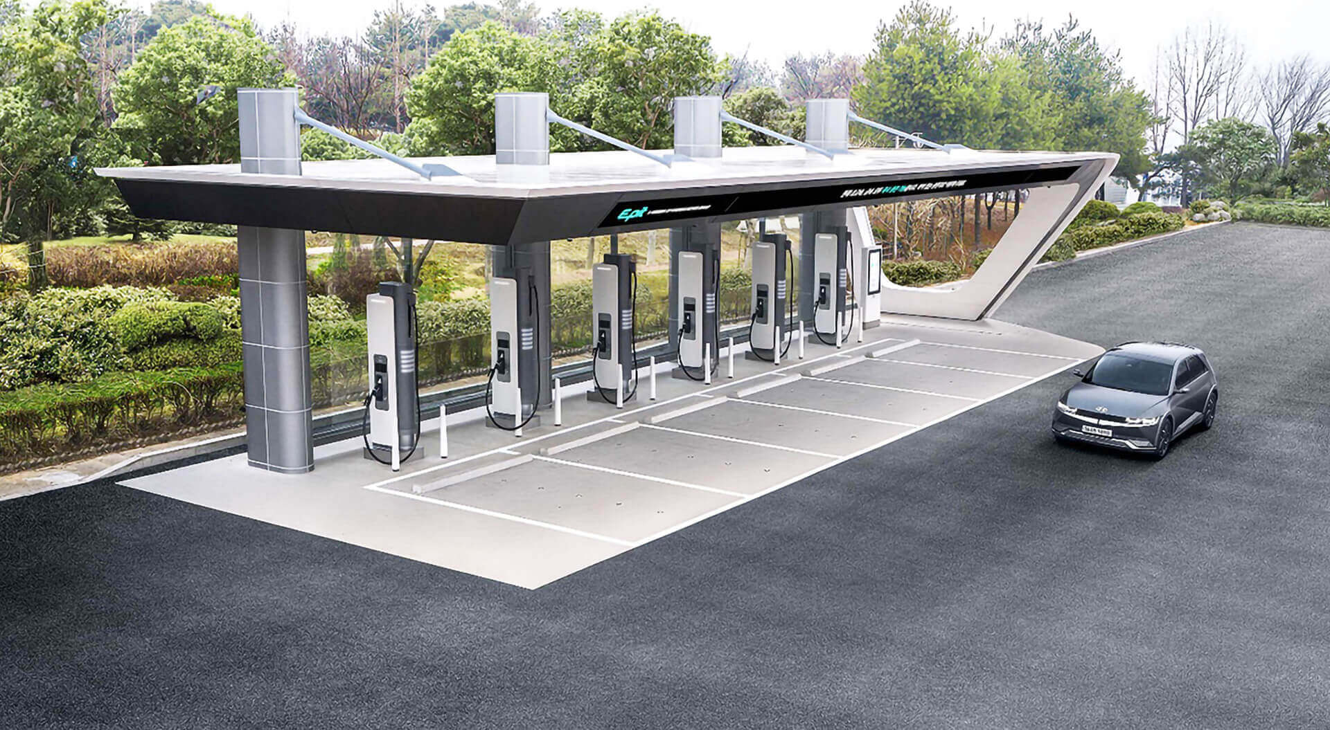 Hyundai EV Charging Hub Benchmark, Canopy Design, Forecourt Graphic Communications, Seoul South Korea, 2023 - CampbellRigg Agency