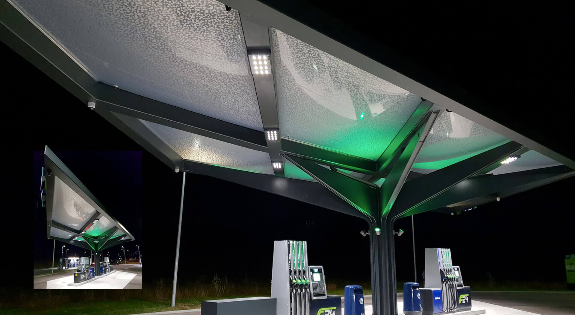 F24 Q8 Self Service Petrol Forecourt Benchmark, Contemporary Architecture, Canopy Design, Graphic Branding, Copenhagen Denmark 2018 - CampbellRigg Agency
