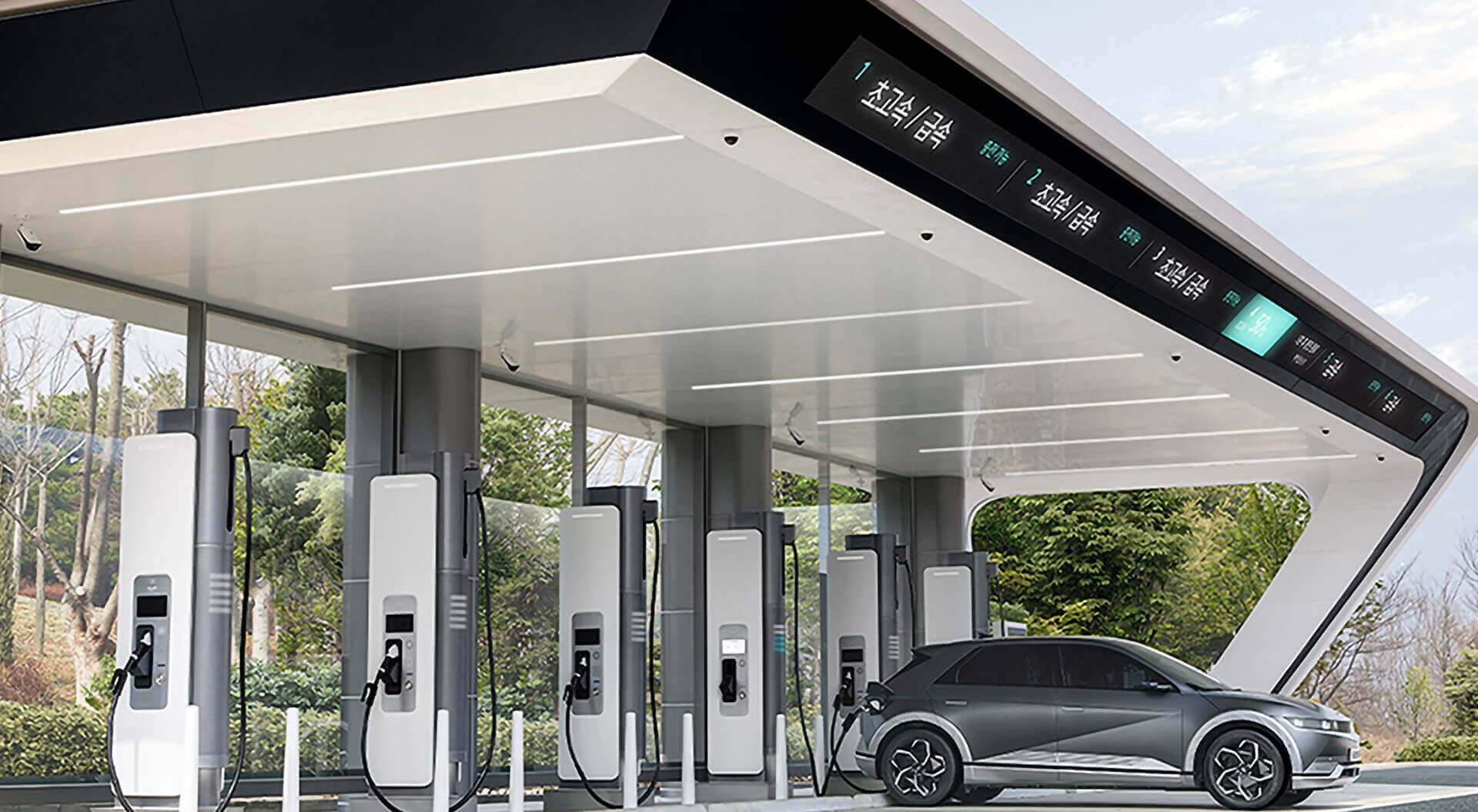 Hyundai EV Charging Hub Benchmark, Canopy Design, Forecourt Graphic Communications, Seoul South Korea, 2023 - CampbellRigg Agency
