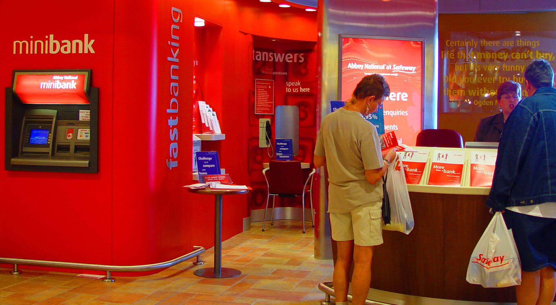 Bank branch rebrand interior design and innovation lifestyle concepts Abbey Bank reception and mini-bank ATM self-service. Bank branch rebrand interior design and innovation lifestyle concepts