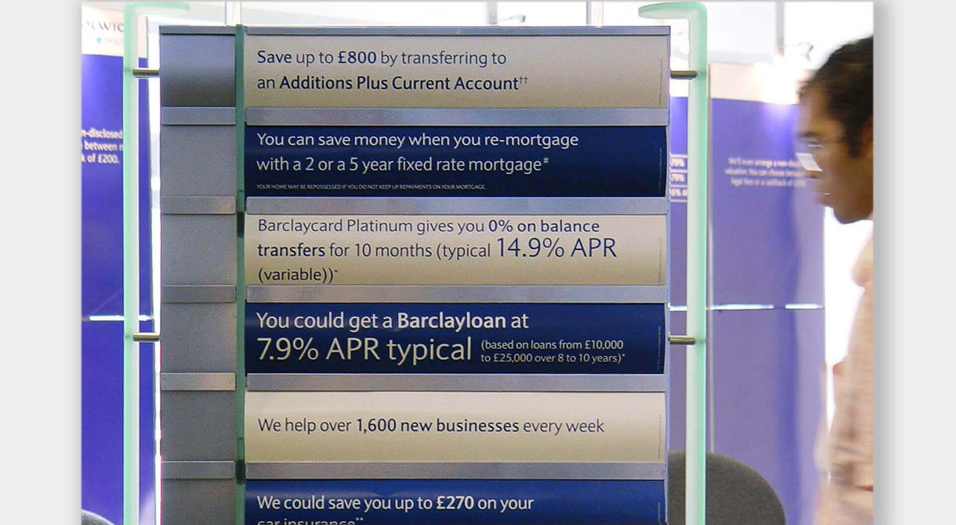 Retail bank interior design lifestyle concept visual at Barclays Bank Barclays Bank Information board advertising rates and services