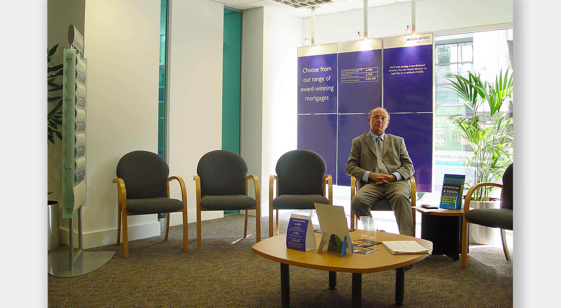Retail bank technollgy and digital innovation lobby at Barclays Barclays Bank Customer waiting area