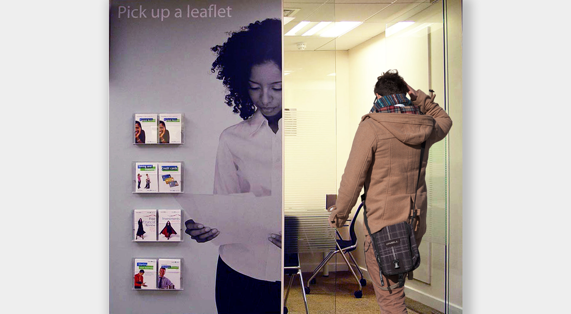 A Lloyds bank brand and retail network branch audit plans a future position. Lloyds Bank Private consultation office and branded wall graphics “Pick up a leaflet”
