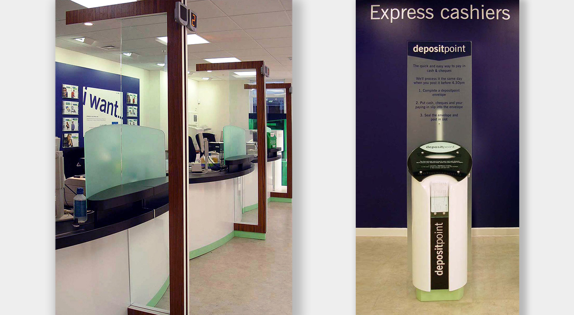 A Lloyds bank brand and retail network branch audit plans a future position. Lloyds Bank Teller desks and express cahier and deposit point