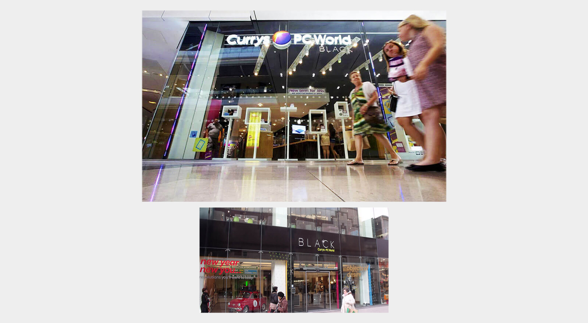 Currys PC World Black brand identity and store shop front Black Technology rebrand identity, store front at Westfield Shopping Mall Stratford