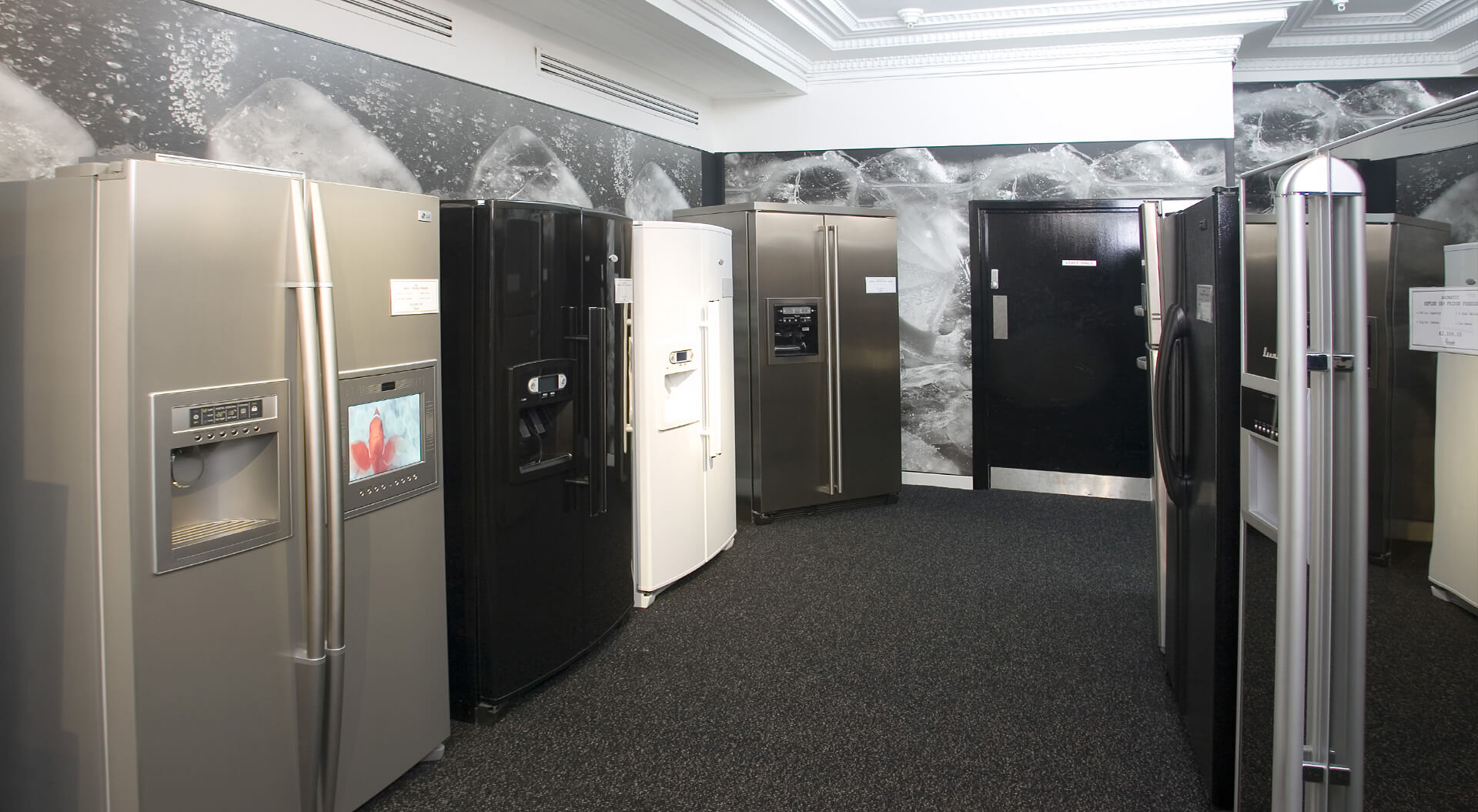 Harrods Department Store rebrand identity, interior design refrigeration and super graphic wall communication