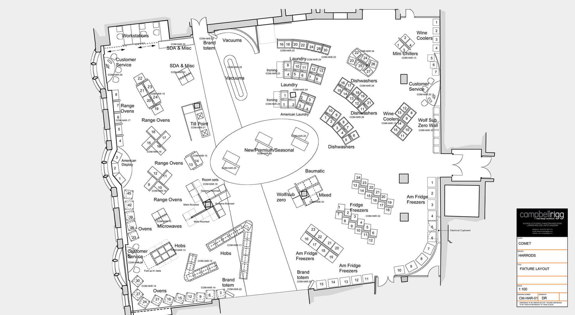 Harrods, household technology electrical department store interior design and planning sketch