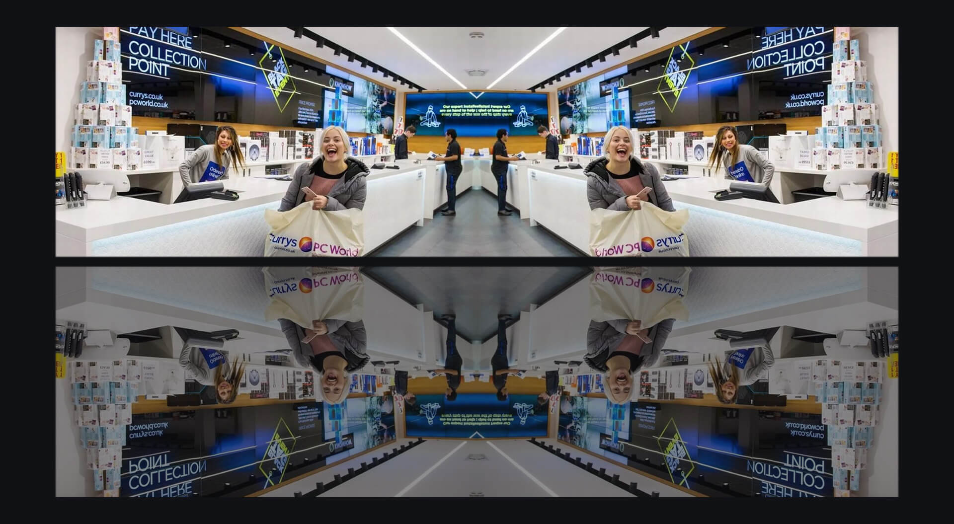 Currys PC World electronics technology stores point of sale instore promotion suite Currys PC World Stores rebrand, interior design and POSM communications at pay point counter
