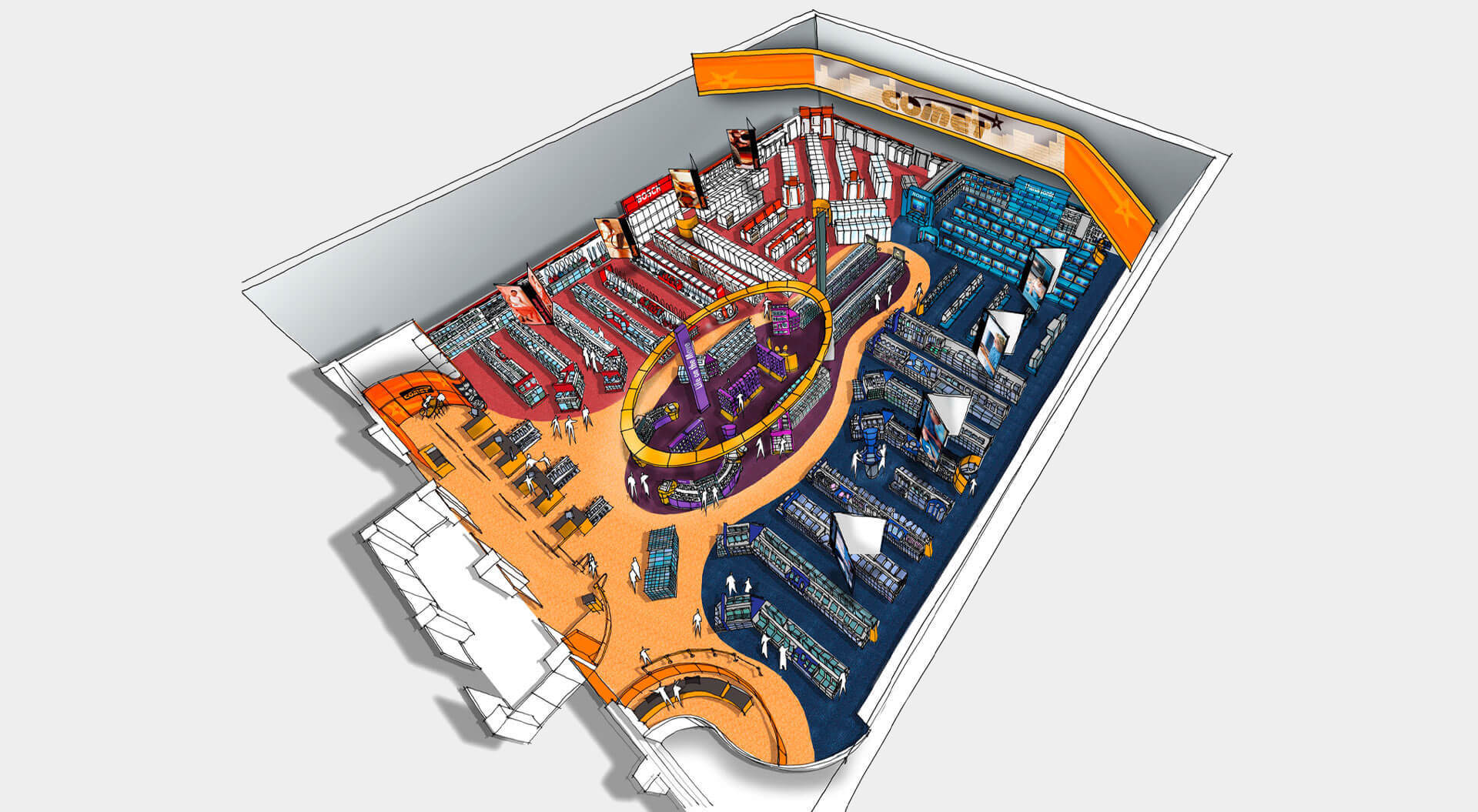 Comet electronic and technology reatil store design planning visual Comet Technology Store interior design store planning super graphic wall communication