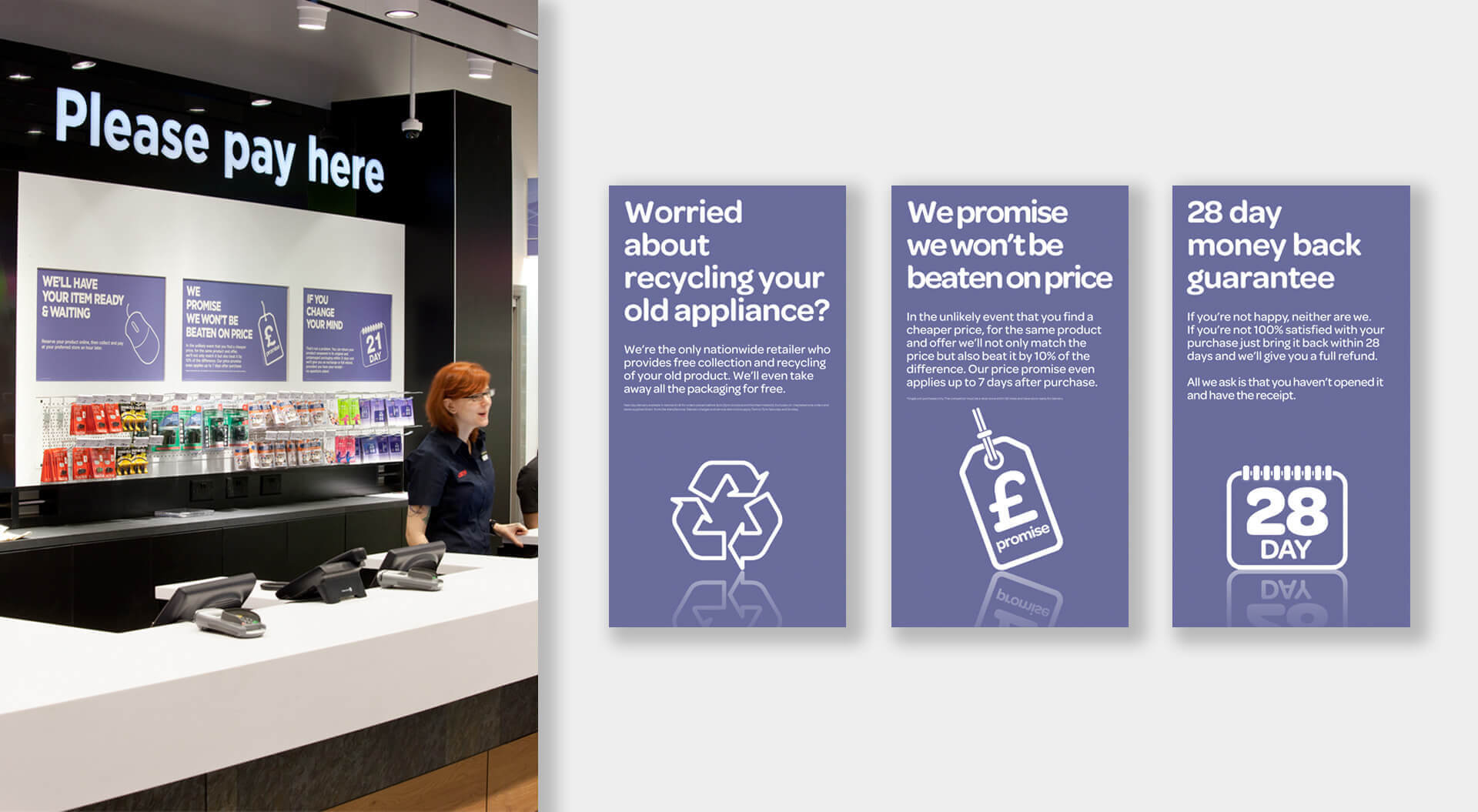 Currys PC World corporate in-store brand sales communications Currys PC World Stores rebrand, interior design and POSM communications at pay point counter
