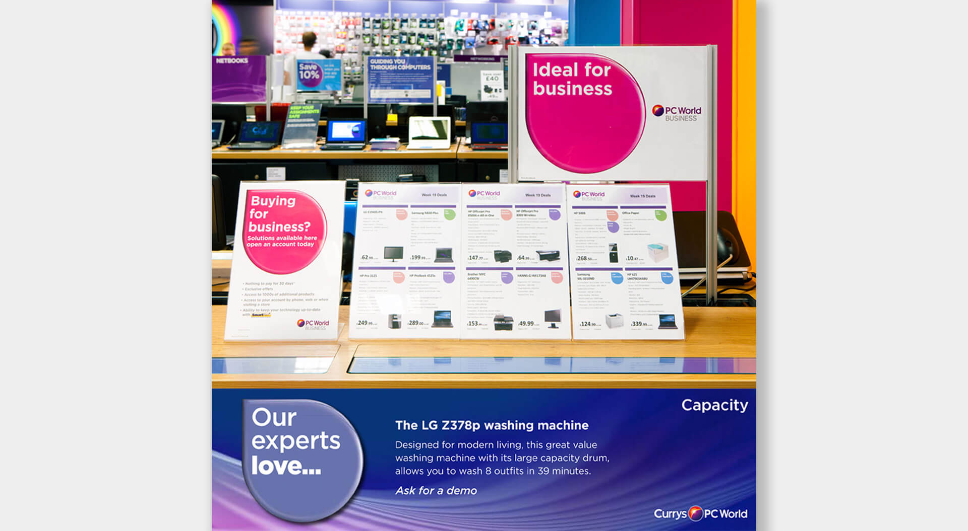 Currys PC World corporate sub-brand identity PC World Business in-store Currys PC World Stores rebrand, interior design and communications POSM pricing