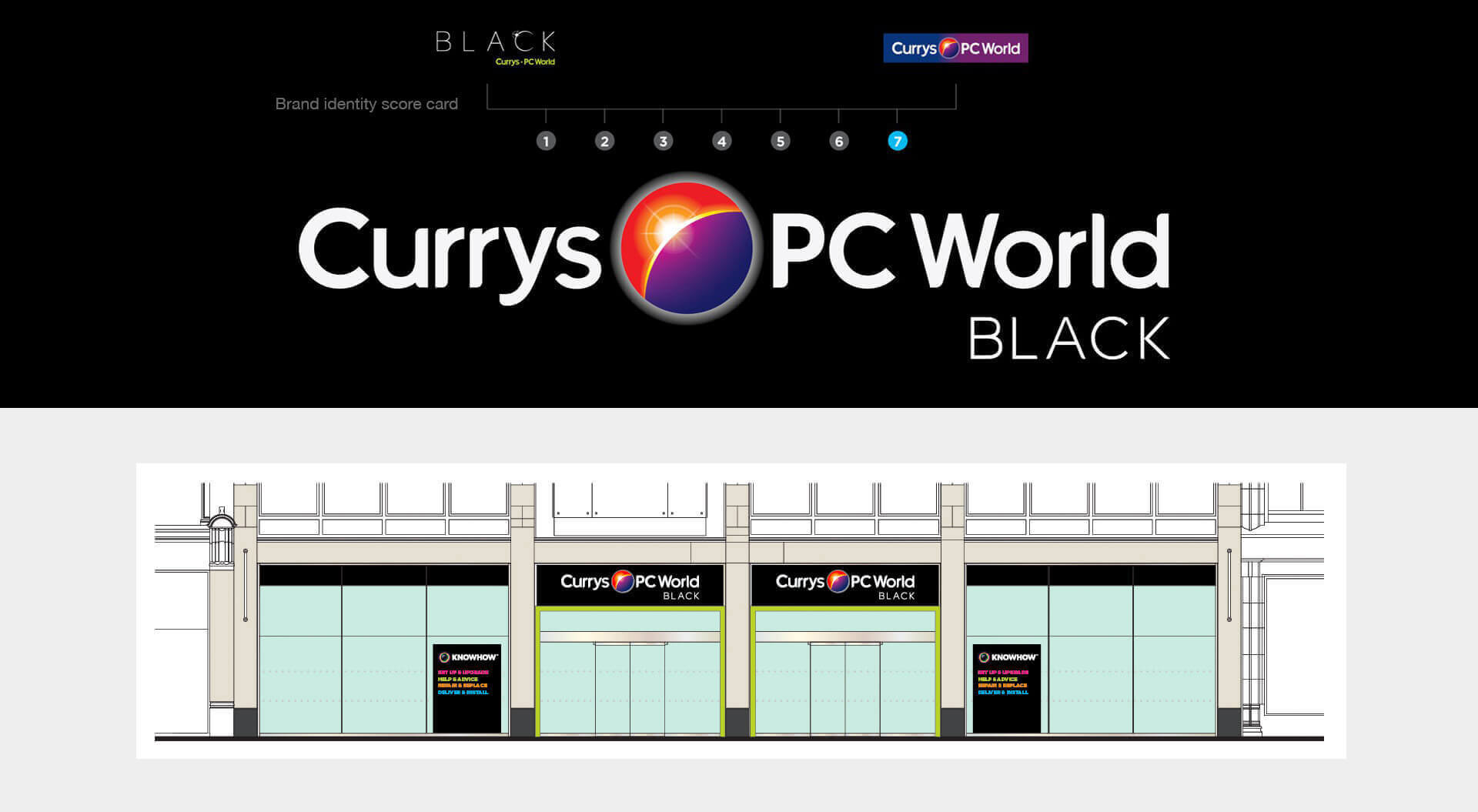 Black Currys PC World corporate brand identity store front Black Currys PC World Technology visual of store front