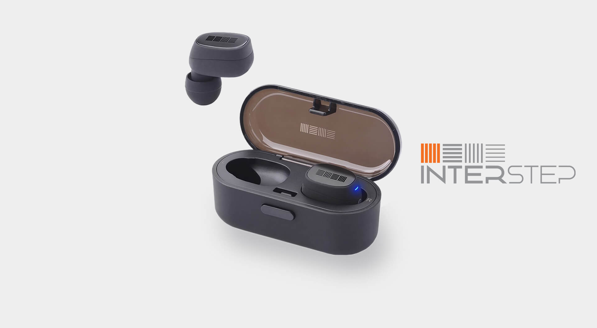 Interstep Russia technology, electronic accessories branding on products Interstep Technology rebrand identity product case design of cordless portable ear phones