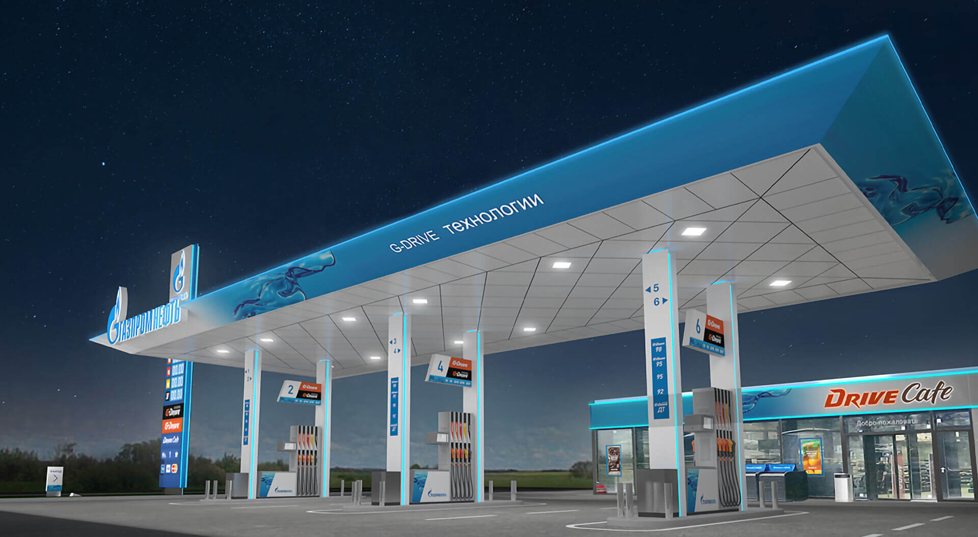 Gazprom Neft Russia petrol forecourt station retail interior store design for Drive Cafe and branding night view Gazprom Neft Russia petrol forecourt station retail interior store design for Drive Cafe and branding night view