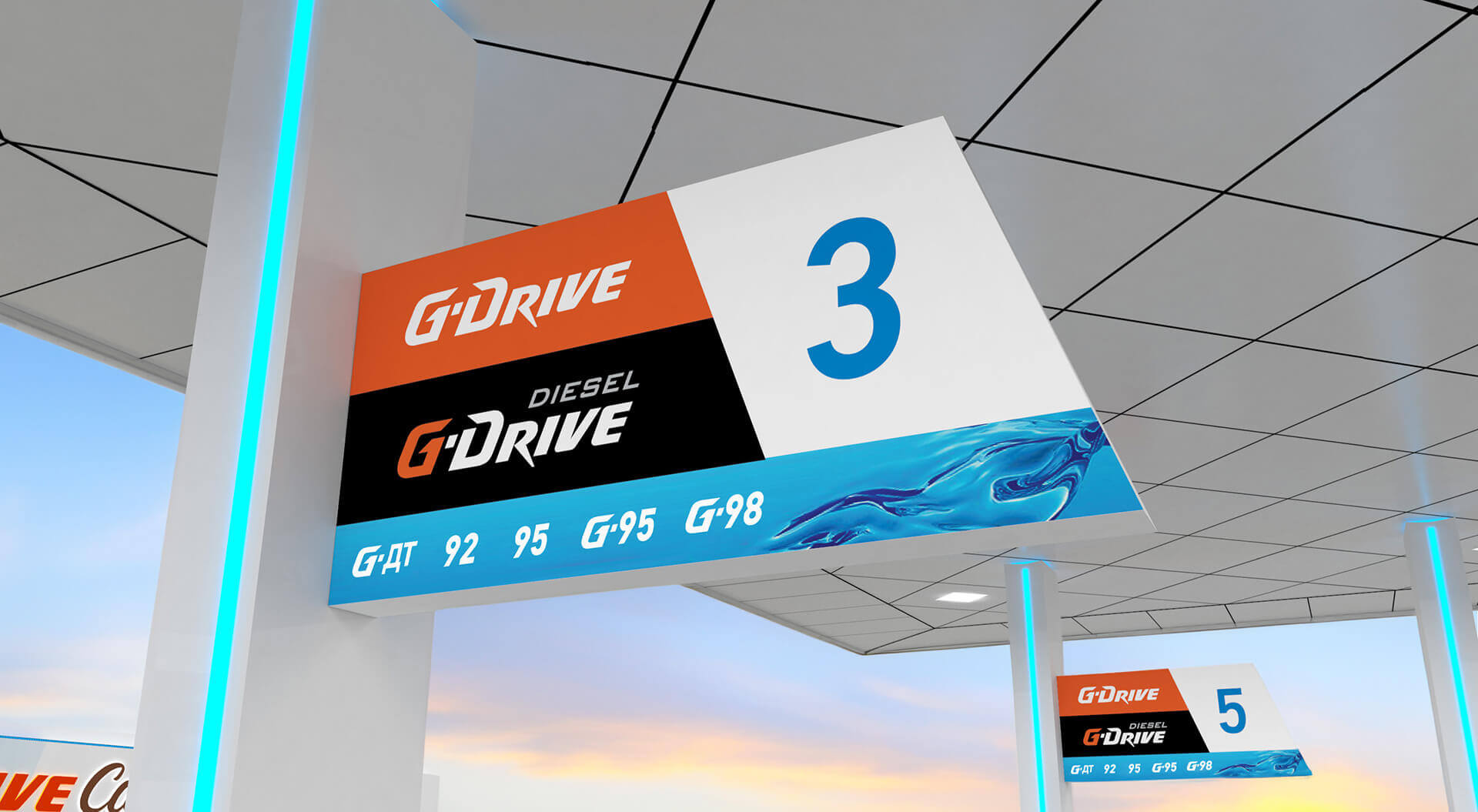 Gazprom Neft Russia petrol forecourt station retail interior store design for Drive Cafe and branding night view Gazprom Neft Russia Petrol Forecourts rebrand canopy design navigation signage