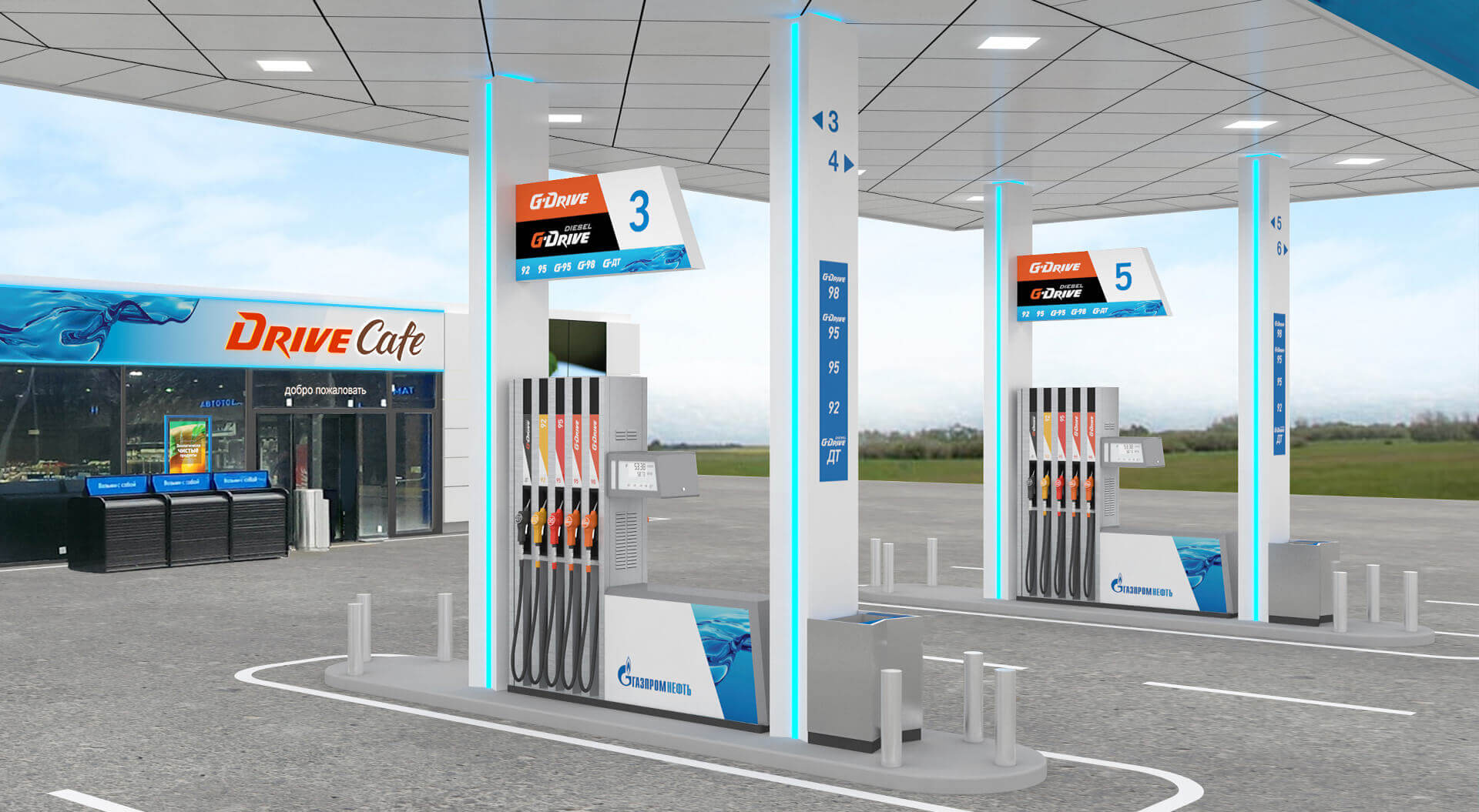 Gazprom Neft Russia Petrol Forecourts rebrand canopy design navigation signage