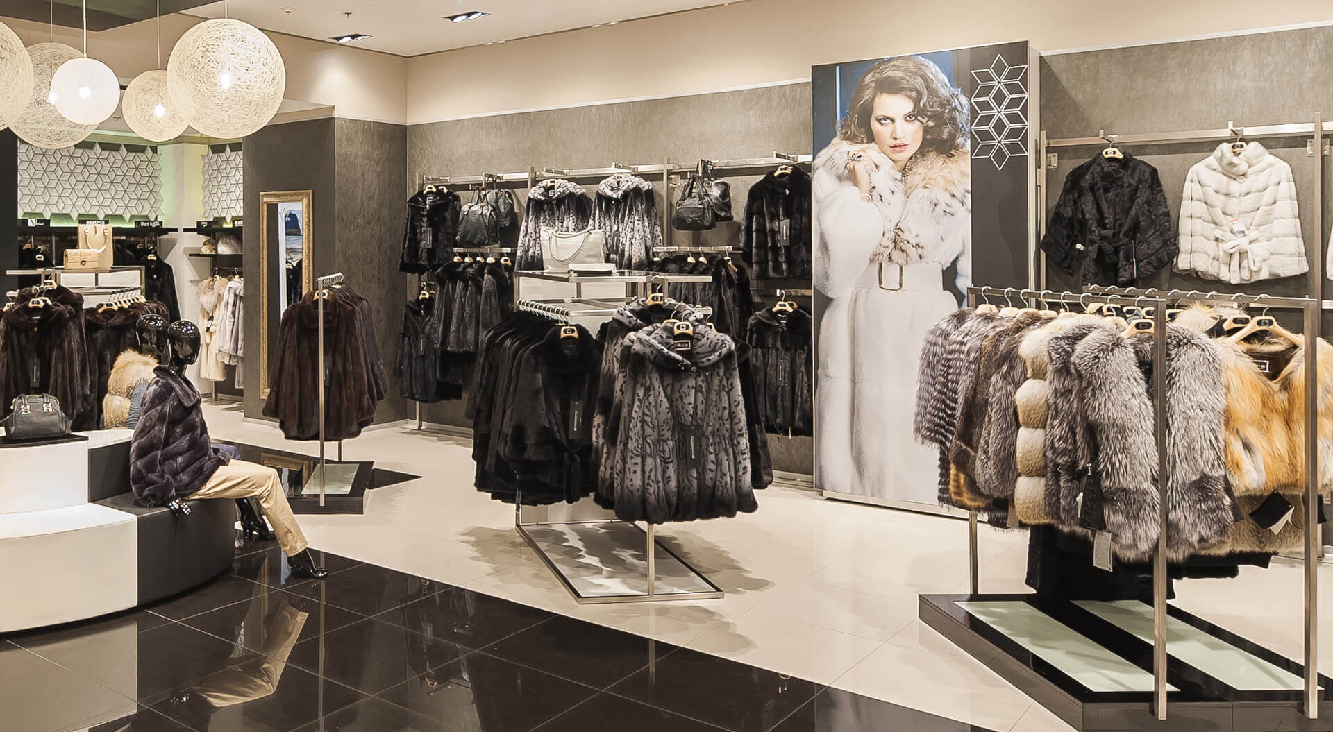 Snow Queen, Снежная королева, Russia fashion store retail interior design, merchandising and rebrand graphics for furs department Snow Queen, Снежная королева, Russia fashion store interior design, merchandising and rebrand graphics for furs department