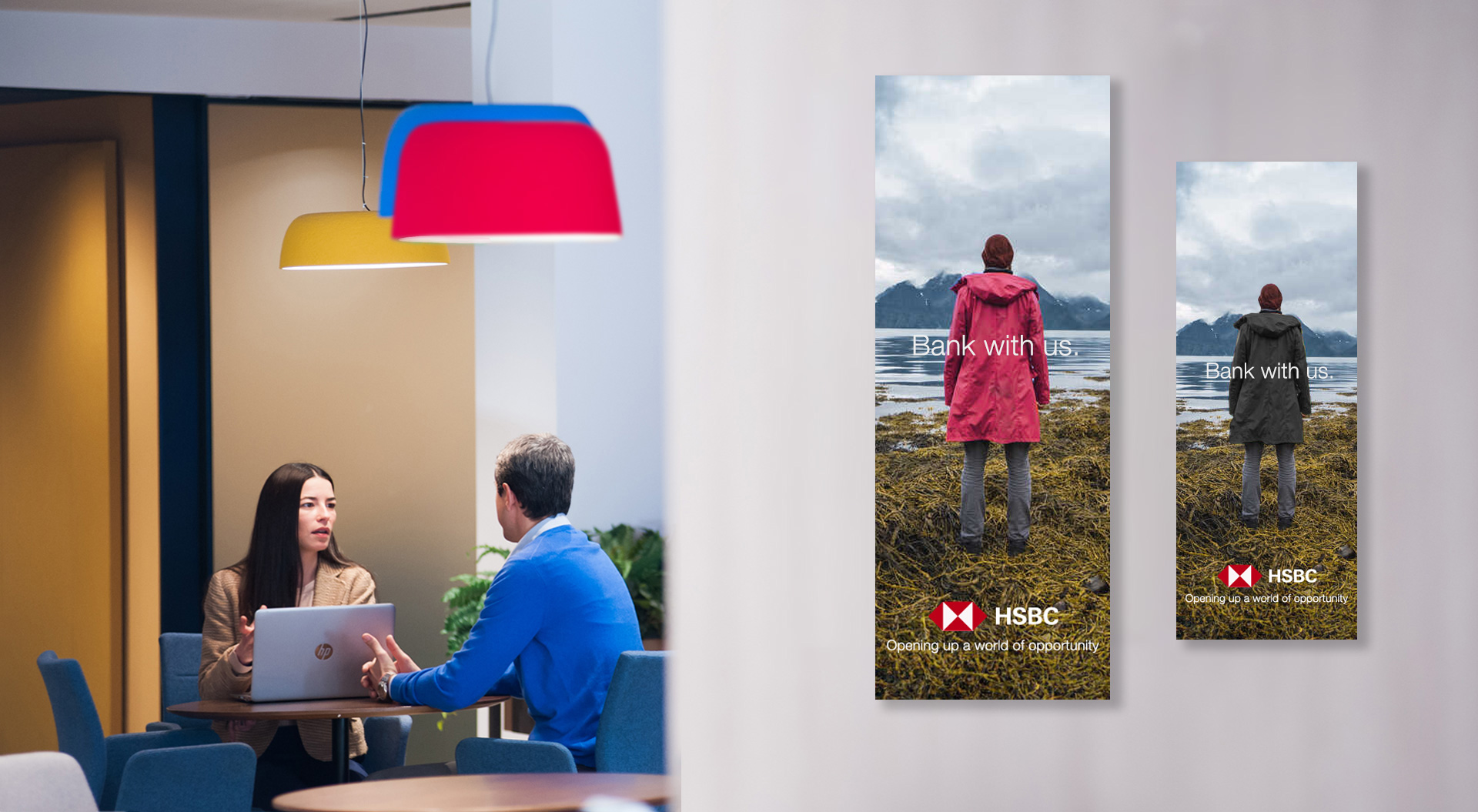 HSBC Bank contemporary interior design for consultation room. Advertising Message, “Bank with us” - logo design - strap line “Opening up a world of opportunity”
