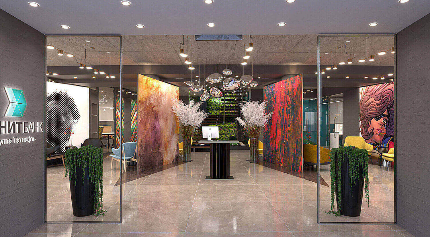 Zenit Bank Russia, Contemporary Retail Interior Design, Entrance Area Reception Point and Graphic Wall Treatments - Campbell Rigg Agency