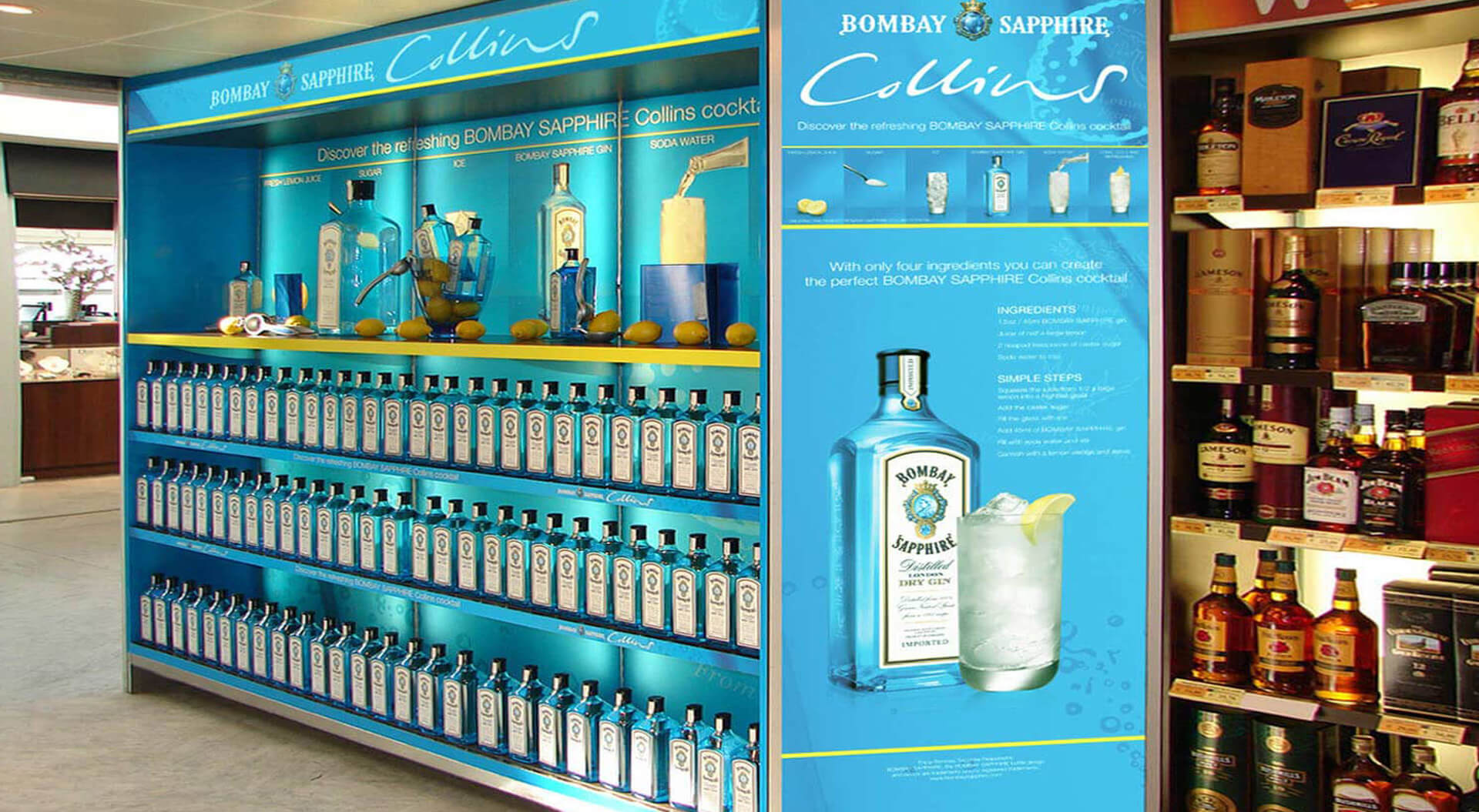 Spirits industry promotion campaigns travel retail, strategy marketing, retail design, airports, duty-free alcohol marketing, innovative concepts ideas Bacardi Global Travel Retail, brand Bombay Sapphire Collins