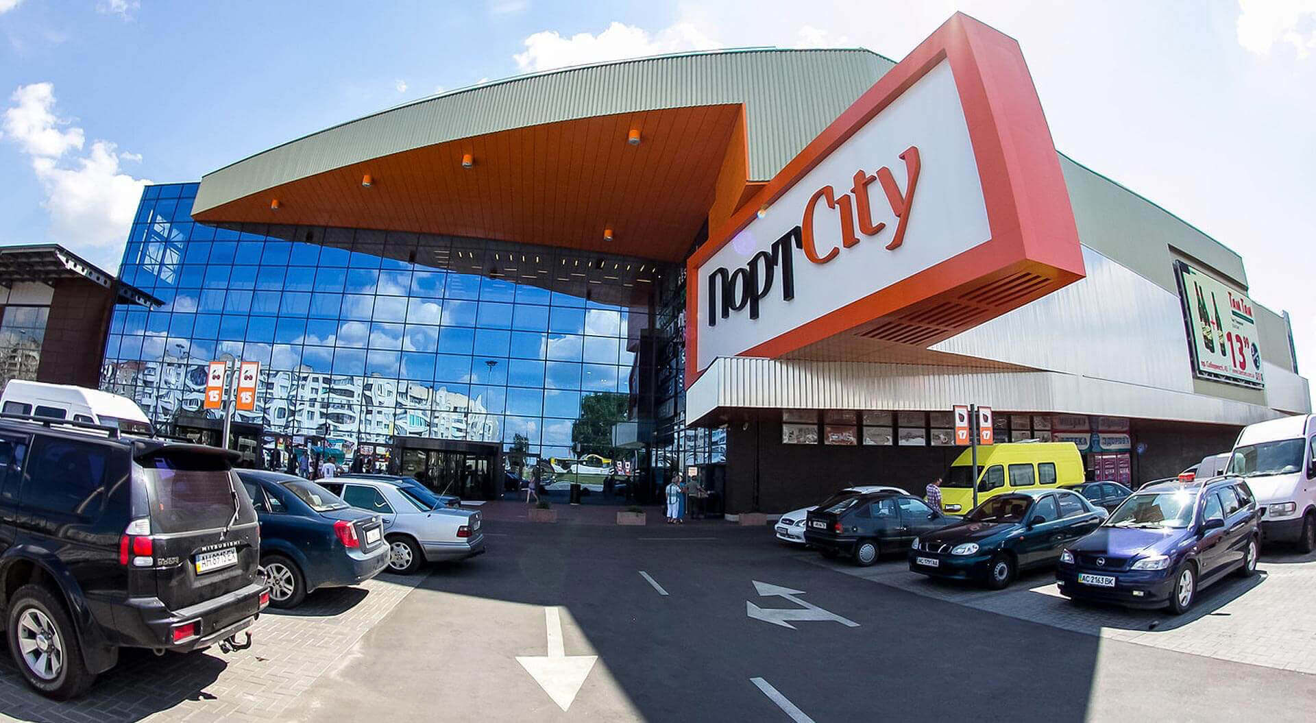 Port City shopping mall branding entrance signage Ukraine Port City Shopping Mall branding and customer car park navigation system Lutsk