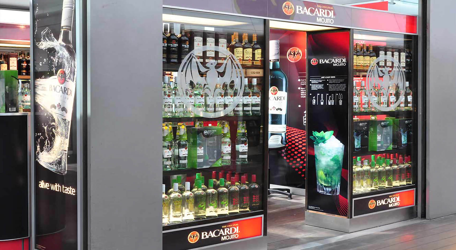 Bacardi Mojito Global Travel Retail, brand activation store entrance design at Charles de Gualle Airport Bacardi Mojito Global Travel Retail, brand activation store entrance design at Charles de Gualle Airport