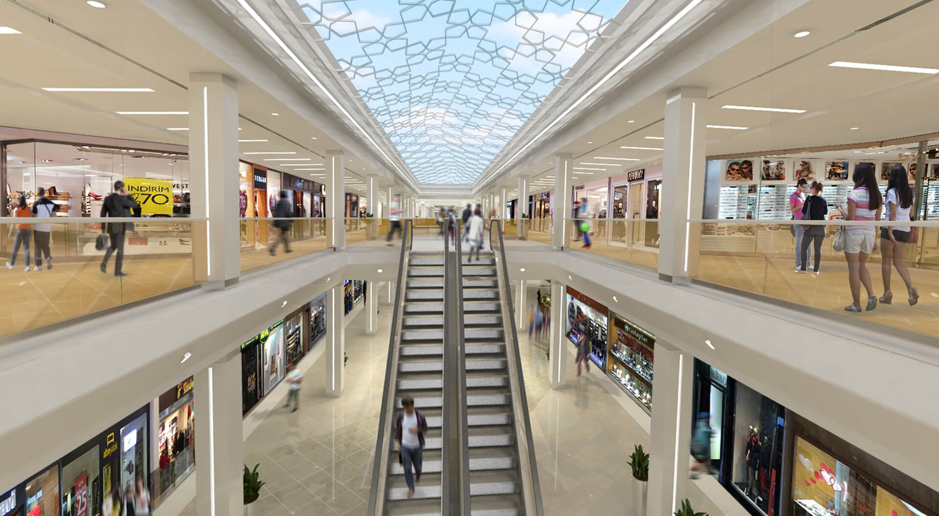 Icerenkoy shopping mall Istanbul interior design escalator circulation and geodesic glazed roof design Icerenkoy shopping mall Istanbul interior design escalator circulation and geodesic glazed roof design