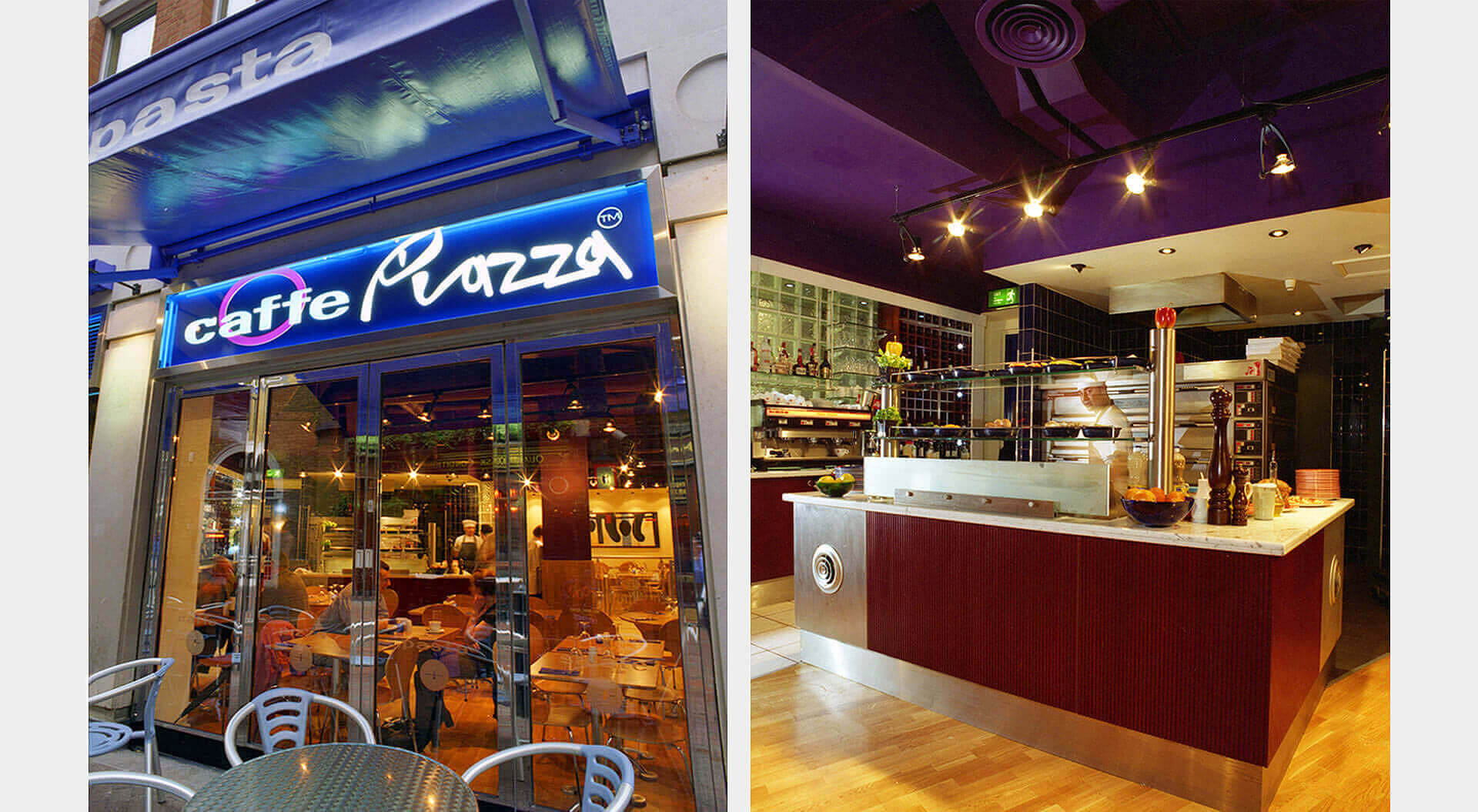 Caffe Piazza restaurant branding and interior design Caffe Piazza restaurant branding external seating and Chef's pizza preparation table and oven interior design