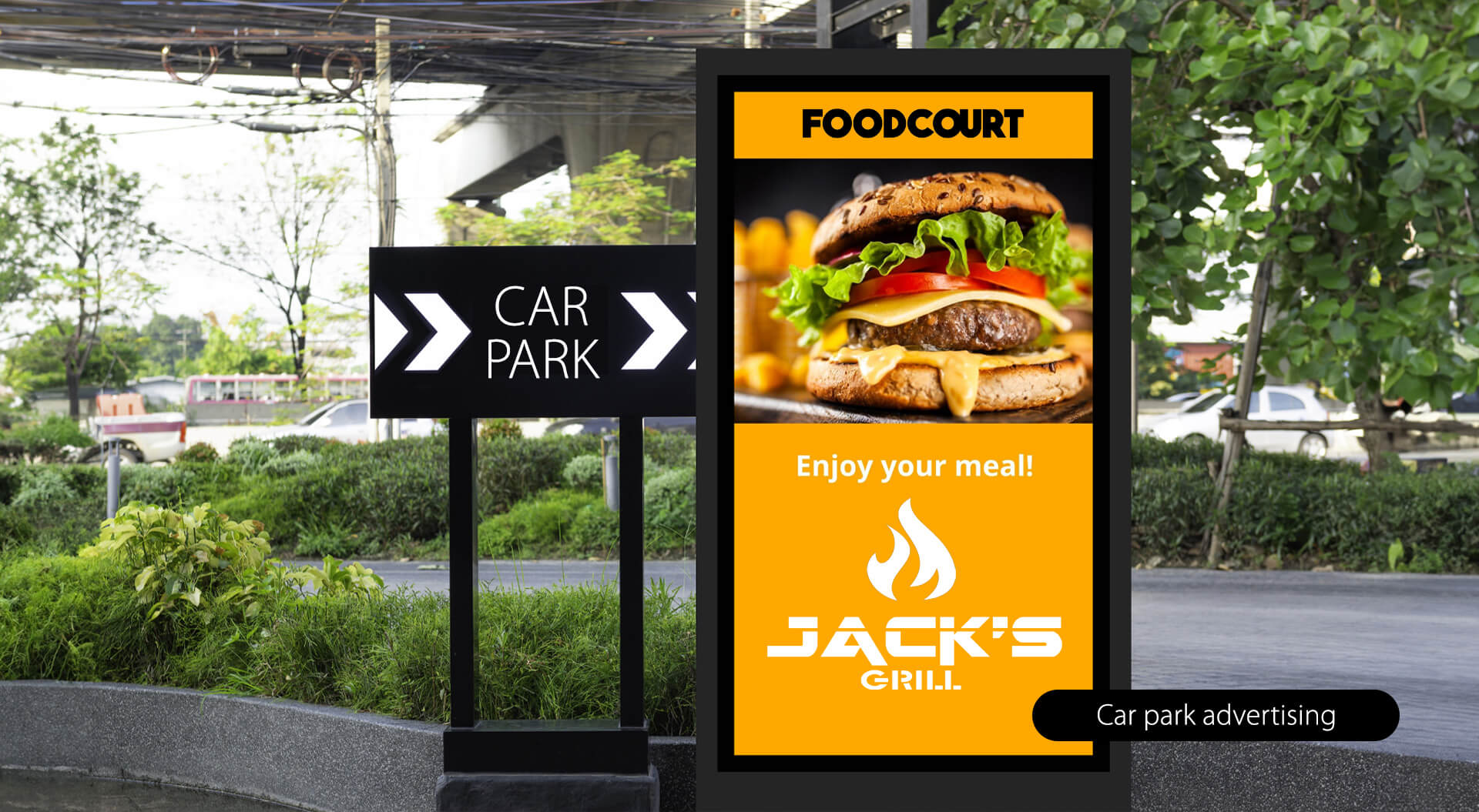 External Shopping Mall food court advertising - Jack’s Grill