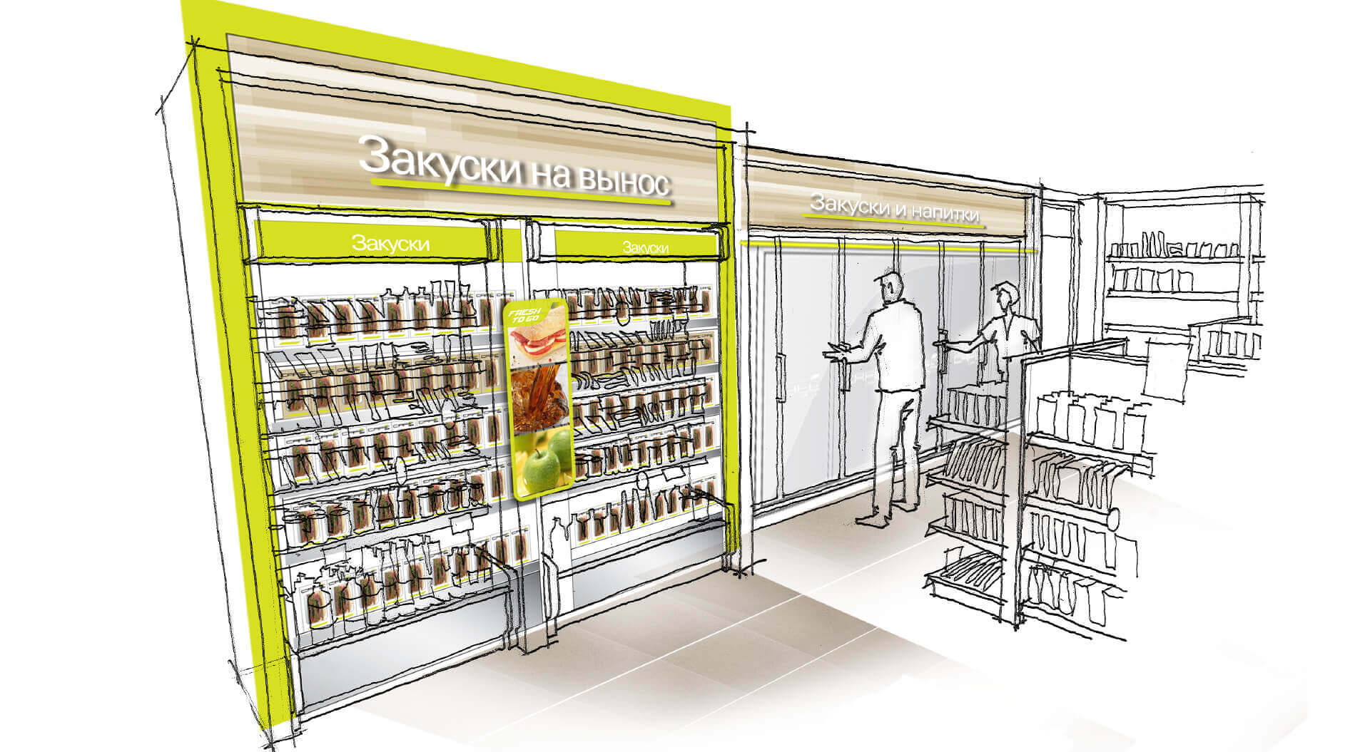 Gazprom Neft sketch of C-Store interior. Innovative in-store POSM environment design, a customer-first mindset