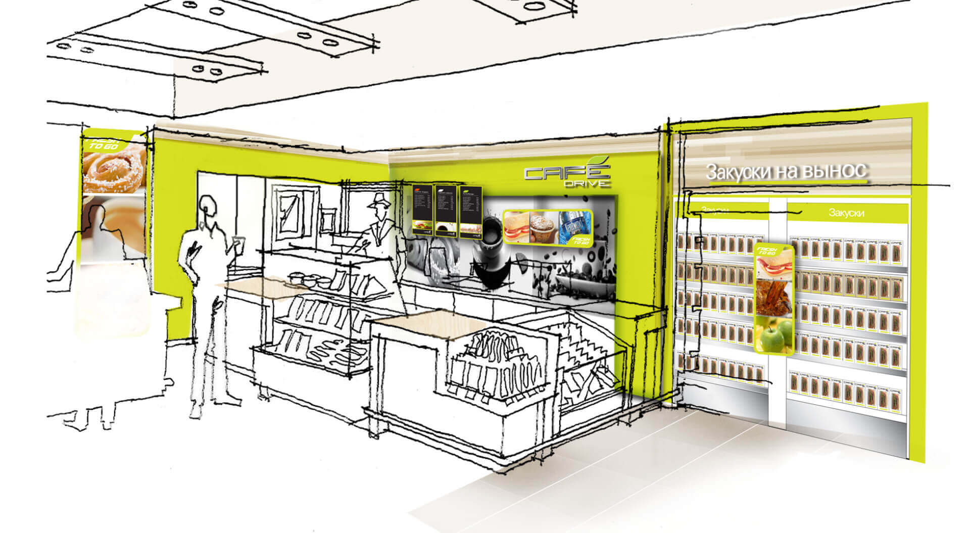 Gazprom Neft sketch of C-Store interior. Innovative in-store POSM environment design, a customer-first mindset