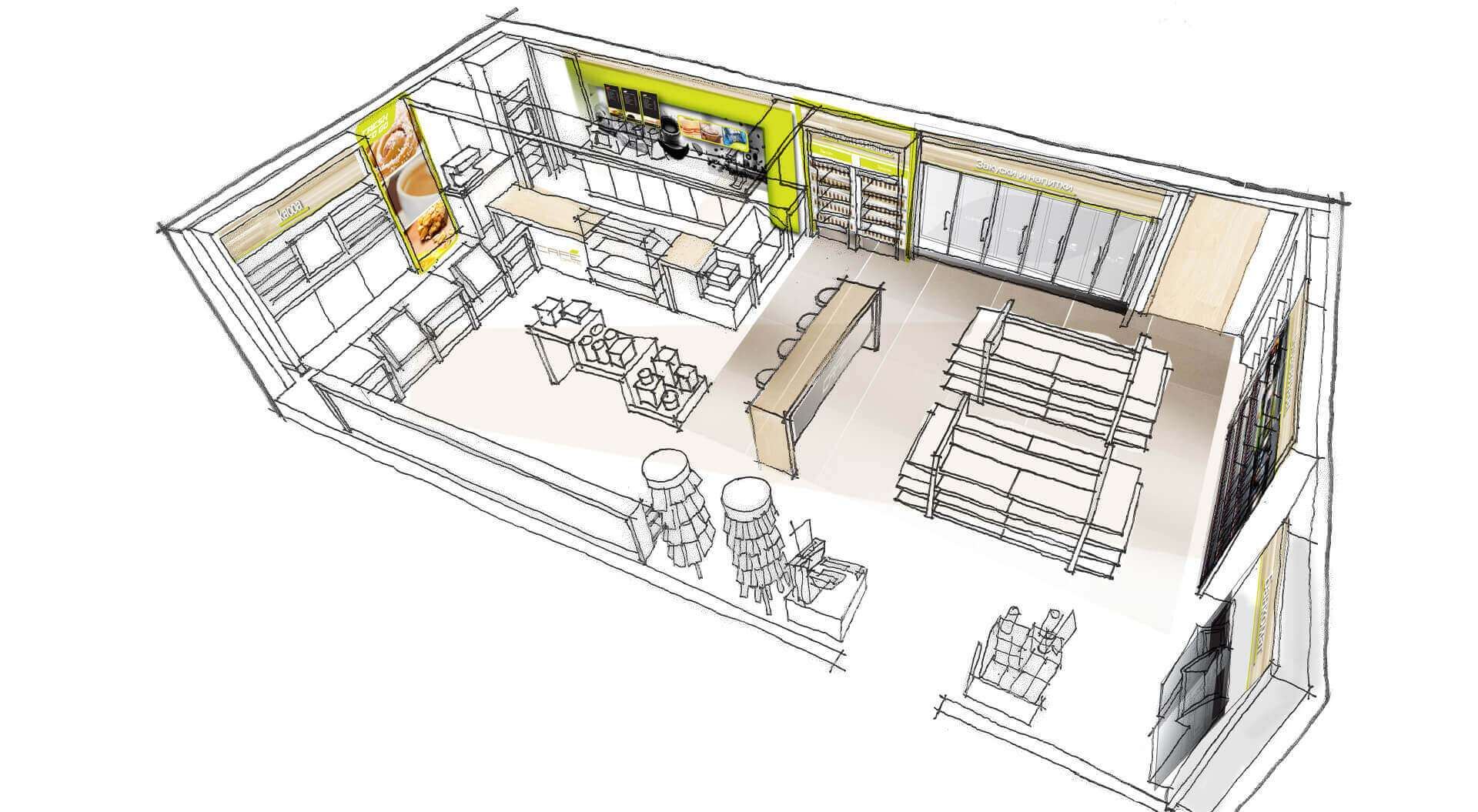 Gazprom Neft sketch of C-Store interior. Innovative in-store POSM environment design, a customer-first mindset