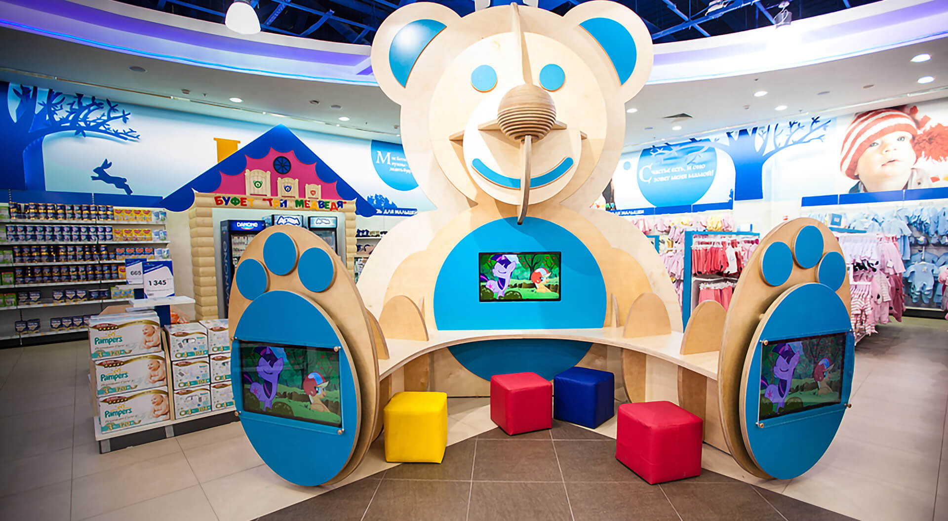 Children’s wooden bear clothing zone at the Detskiy Mir toy store Moscow 