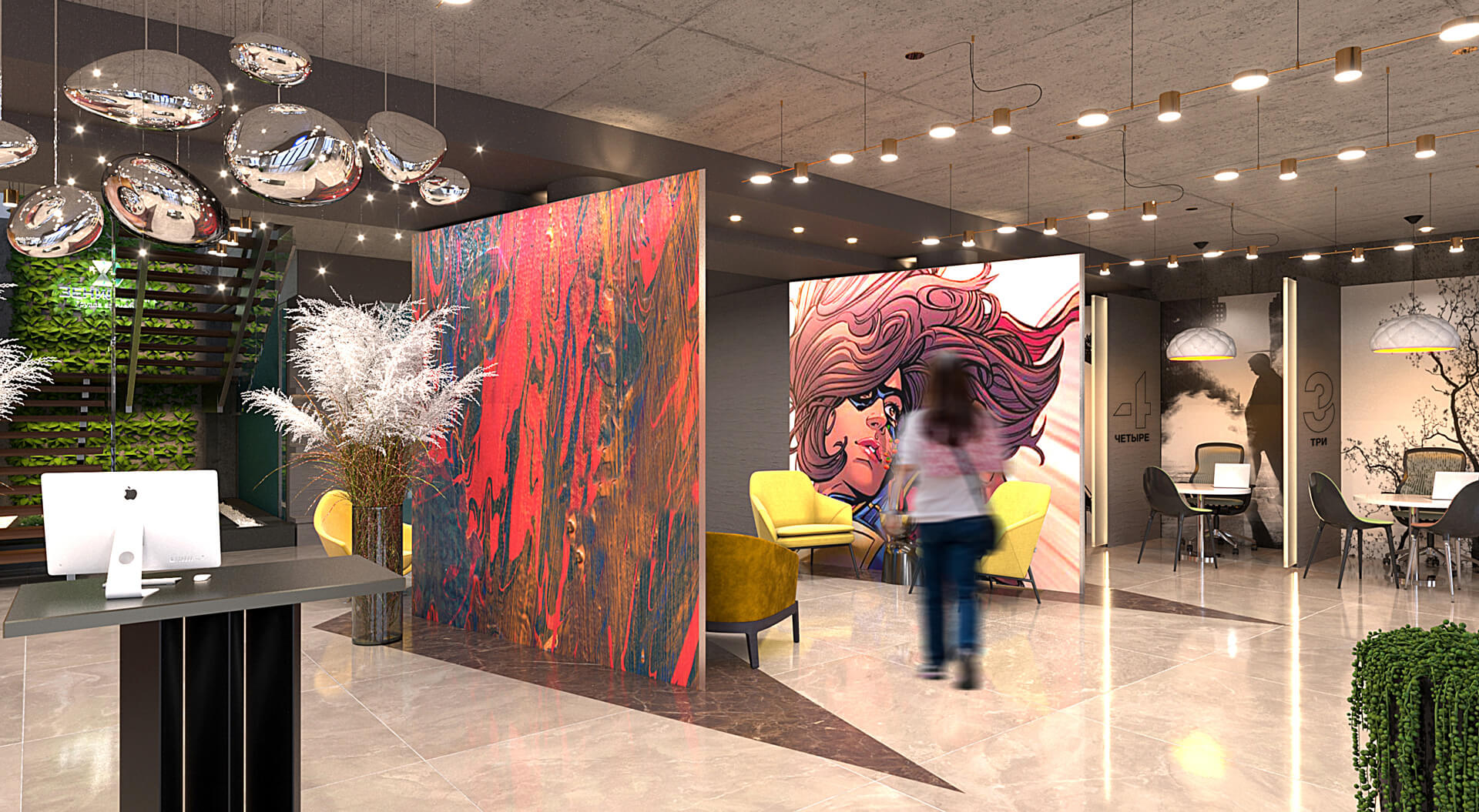 Zenit Bank Russia, Contemporary Retail Interior Design, Entrance Area Reception Point and Graphic Wall Treatments
