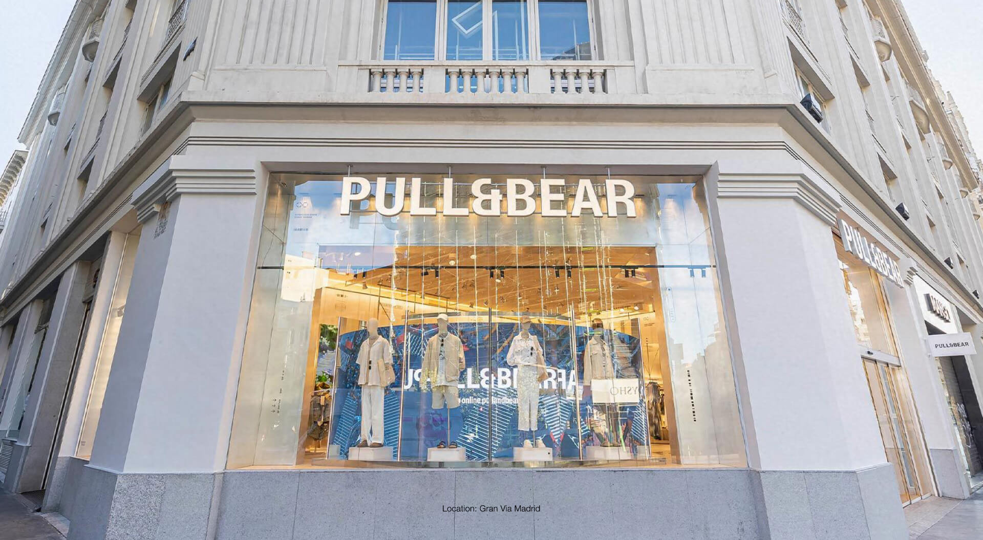 Pull & Bear Shop Front Fascia Signage, Window Display Location: Gran Via, Madrid