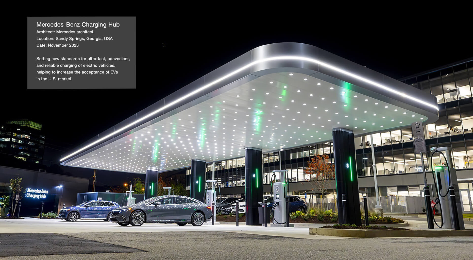 Mercedes EV Charging Hub Benchmark, Canopy Design, Forecourt Graphic Communications, Georgia USA 2023