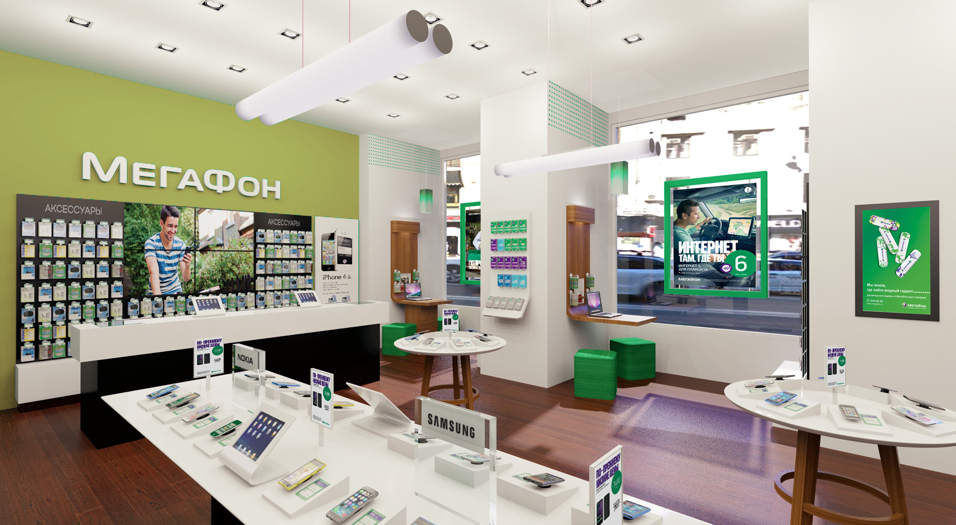 Megafon store interior design – consultation point instore advertising and merchandising systems display