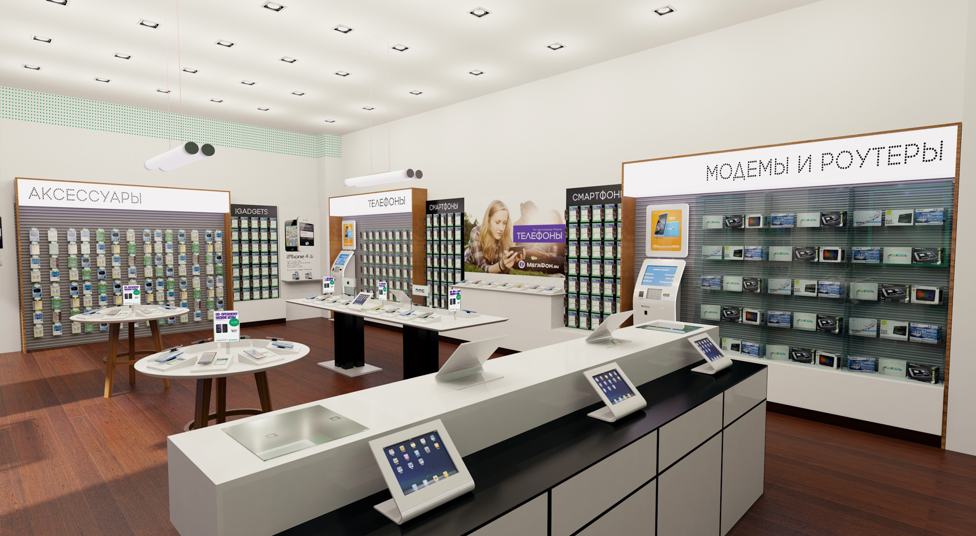 Megafon store interior design – cashier desk, consultation point in-store accessories merchandising systems display