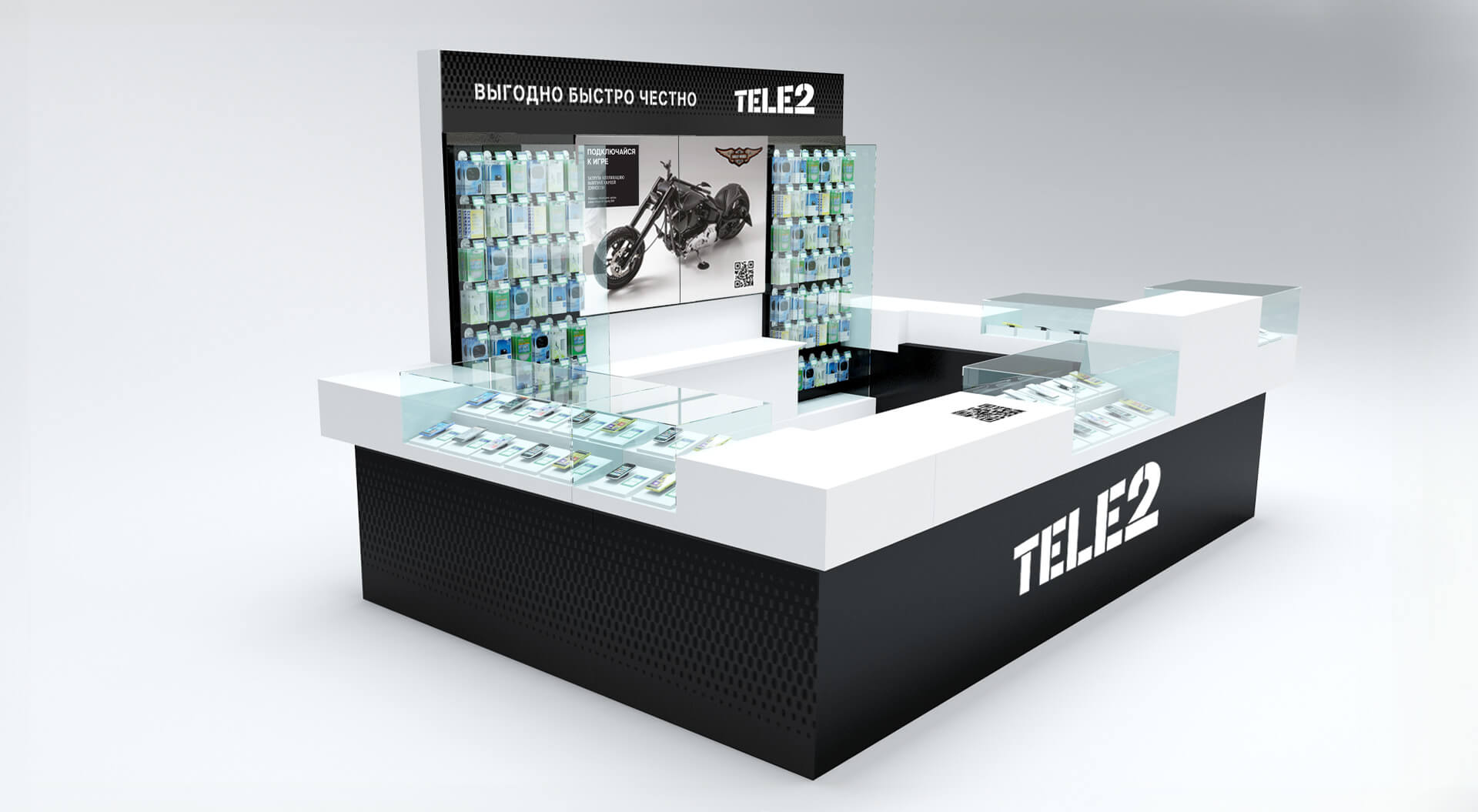 Tele2 mini store interior design – cashier desk, consultation point in-store accessories merchandising systems display