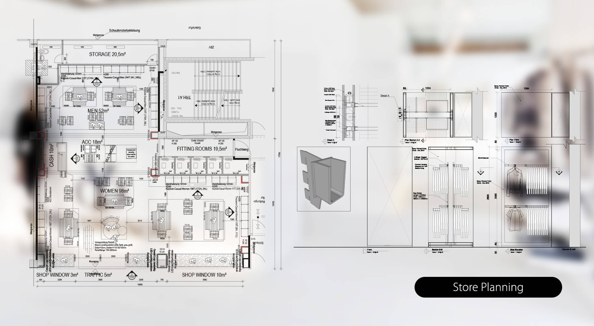 Tom Taylor store floor plan and merchandising system detail drawings