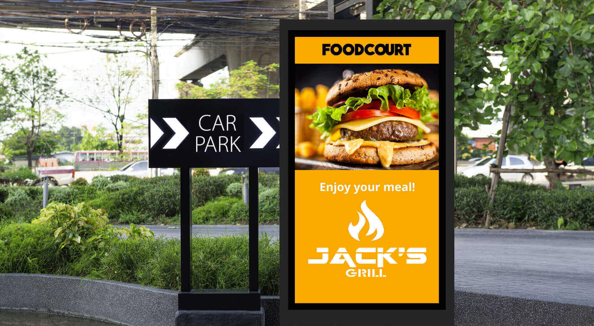 Jack's Grill shopping mall restaurant branding and car park food court signage