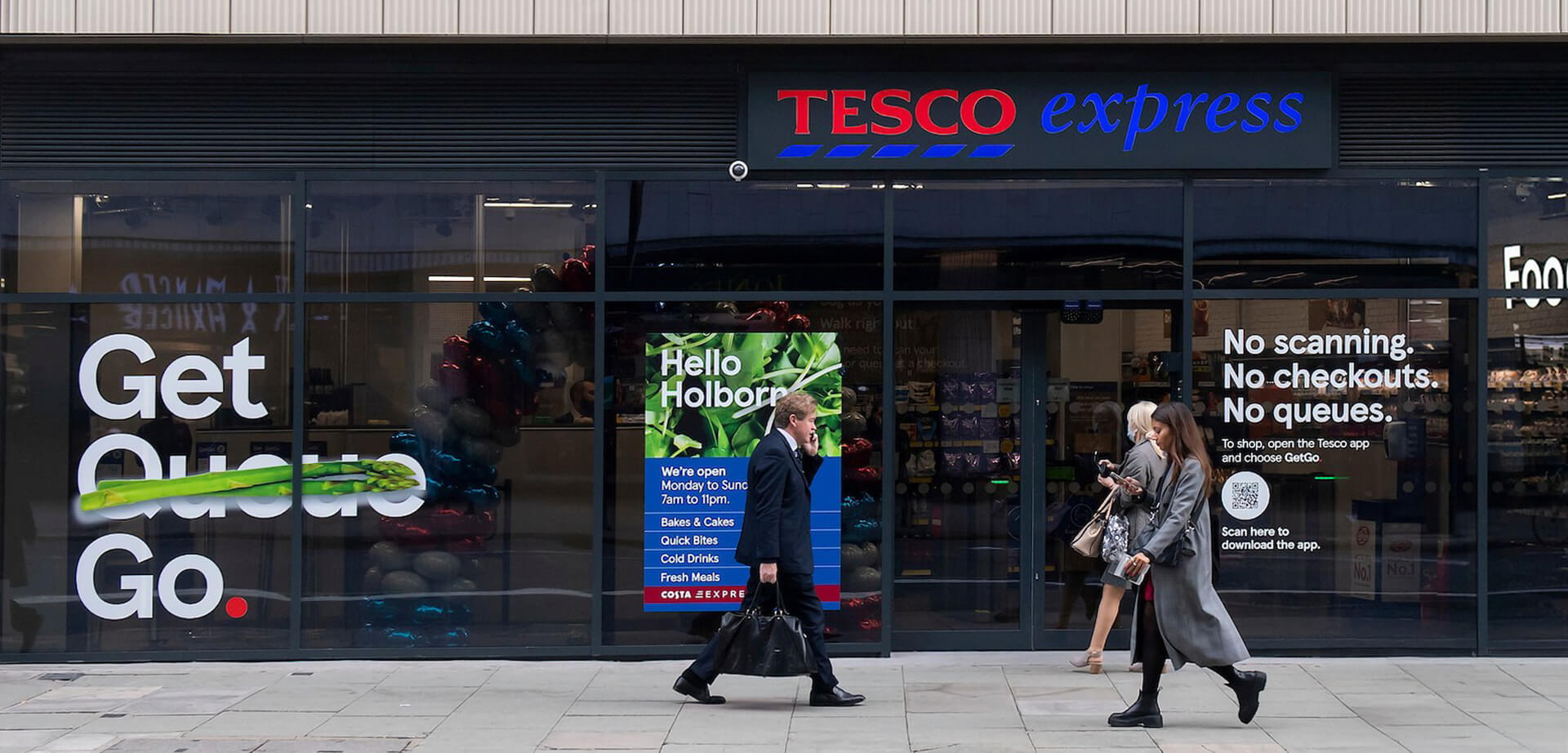 Tesco Express store in Holborn, London, that operates using the "GetGo" checkout-free system. This technology allows customers to shop and pay without scanning products or using a traditional checkout.