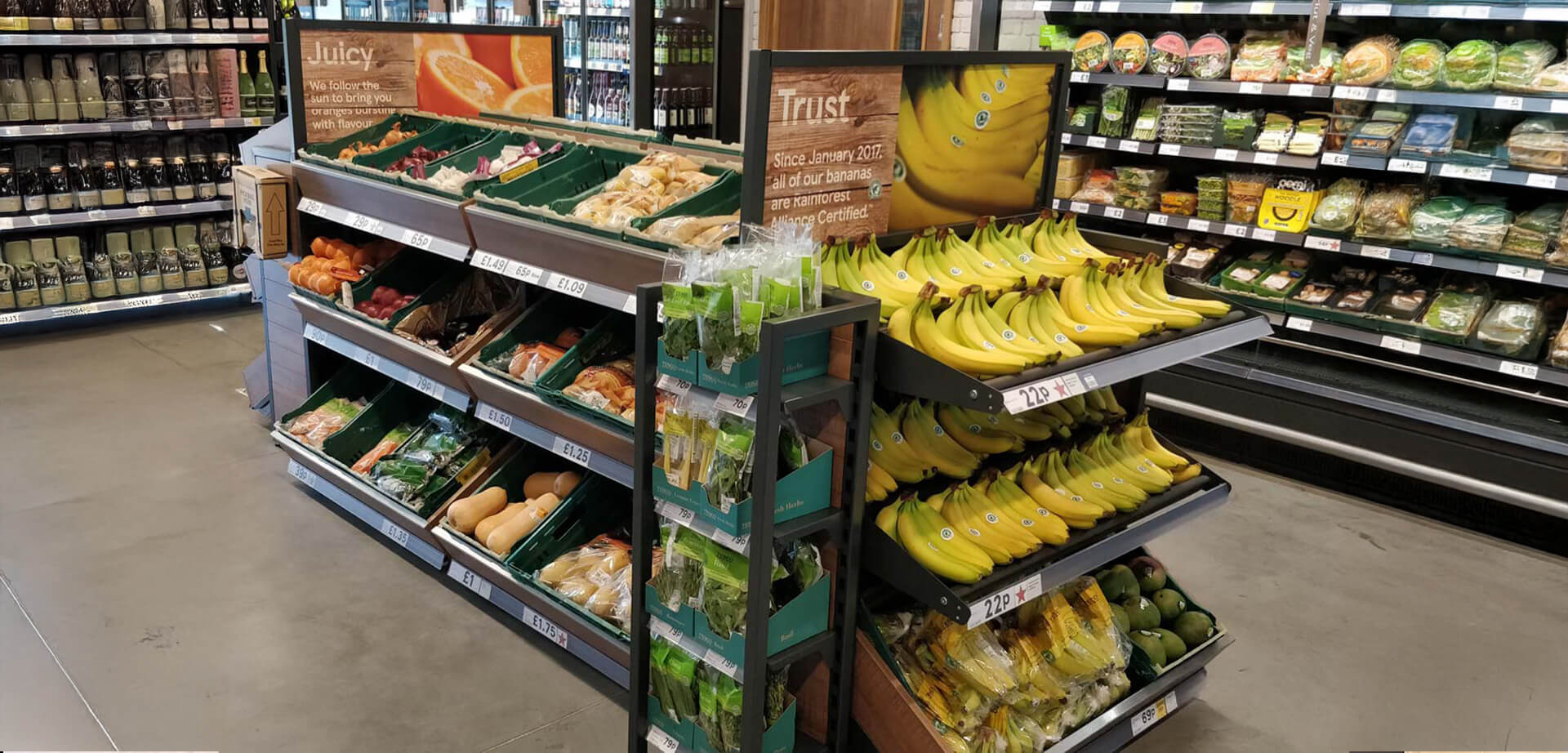 Tesco Express store in Holborn, London. Fresh produce merchandising.