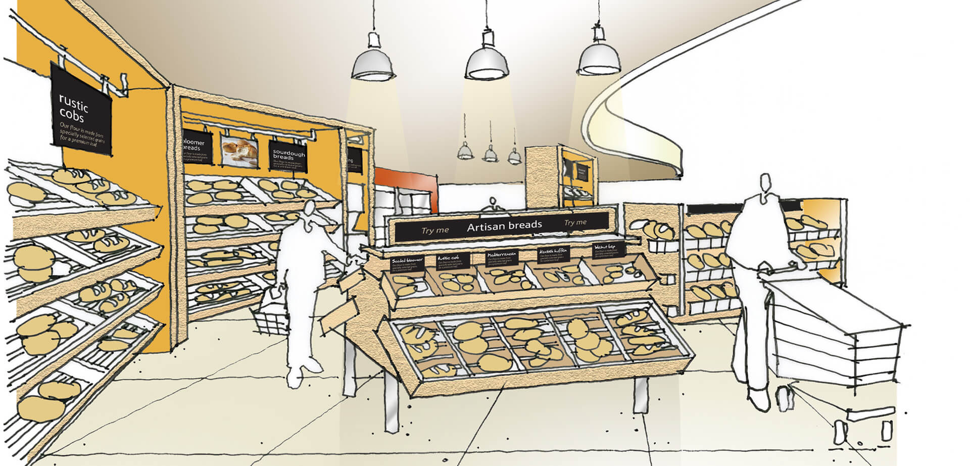 Hipermercado Tesco Extra en Accrington, Lancashire, Inglaterra. Boceto del diseño conceptual de una panadería.