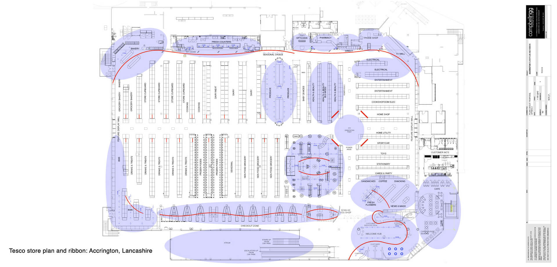 Hipermercado Tesco Extra, planificación de venta minorista con formato eficiente, plano de planta de tienda y distribución de comercialización, Accrington, Lancashire, Inglaterra.
