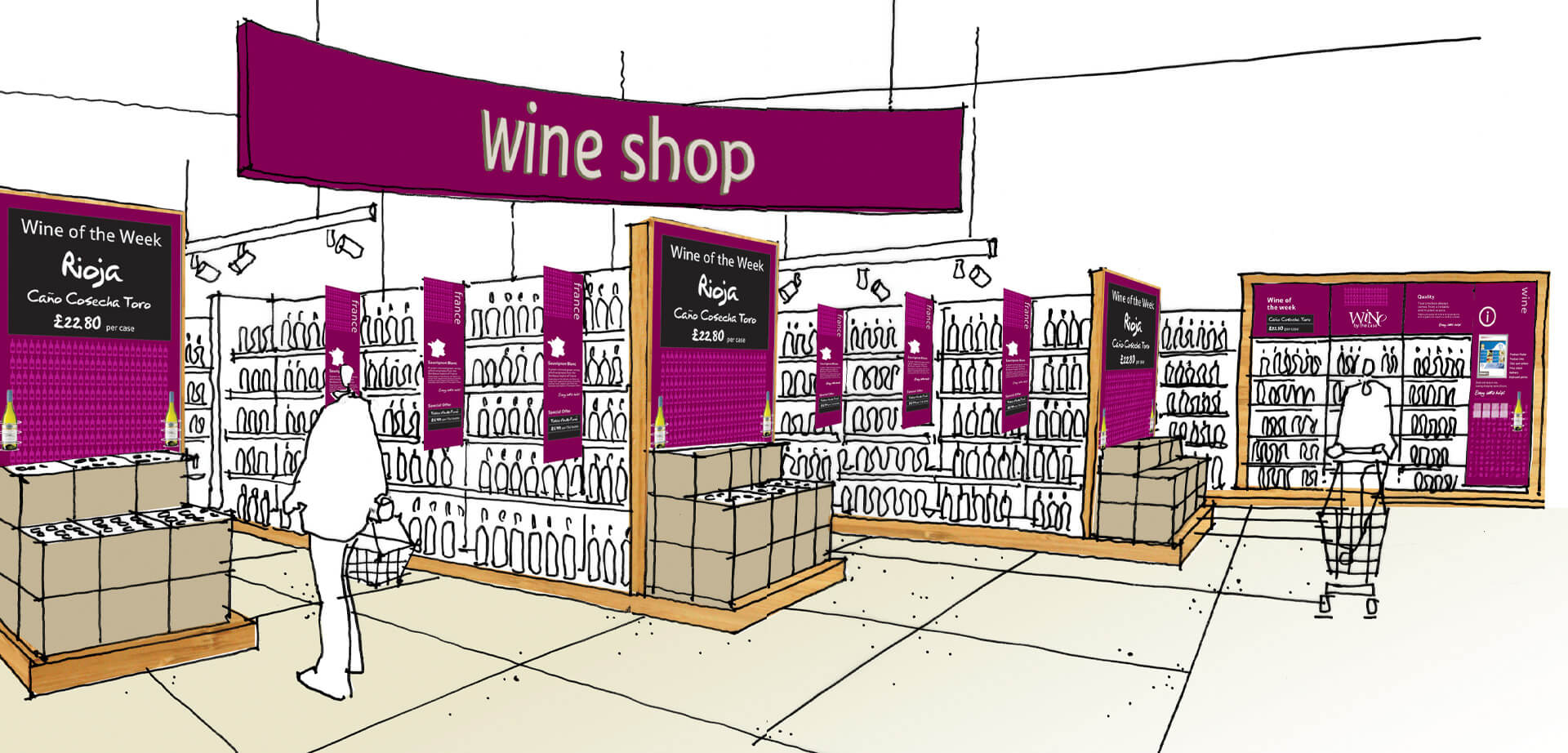 Hipermercado Tesco Extra en Accrington, Lancashire, Inglaterra. Boceto del diseño conceptual de una vinoteca.