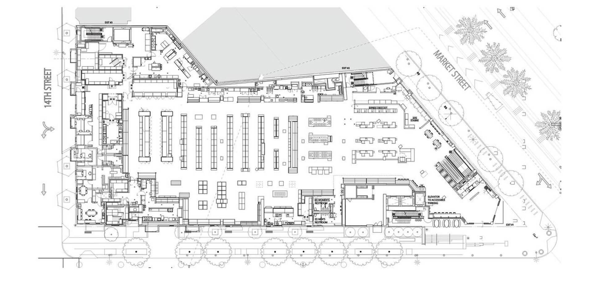 Este es el plano de Whole Foods Market de un gran espacio comercial ubicado en la esquina de 14th Street y Market Street, San Francisco.