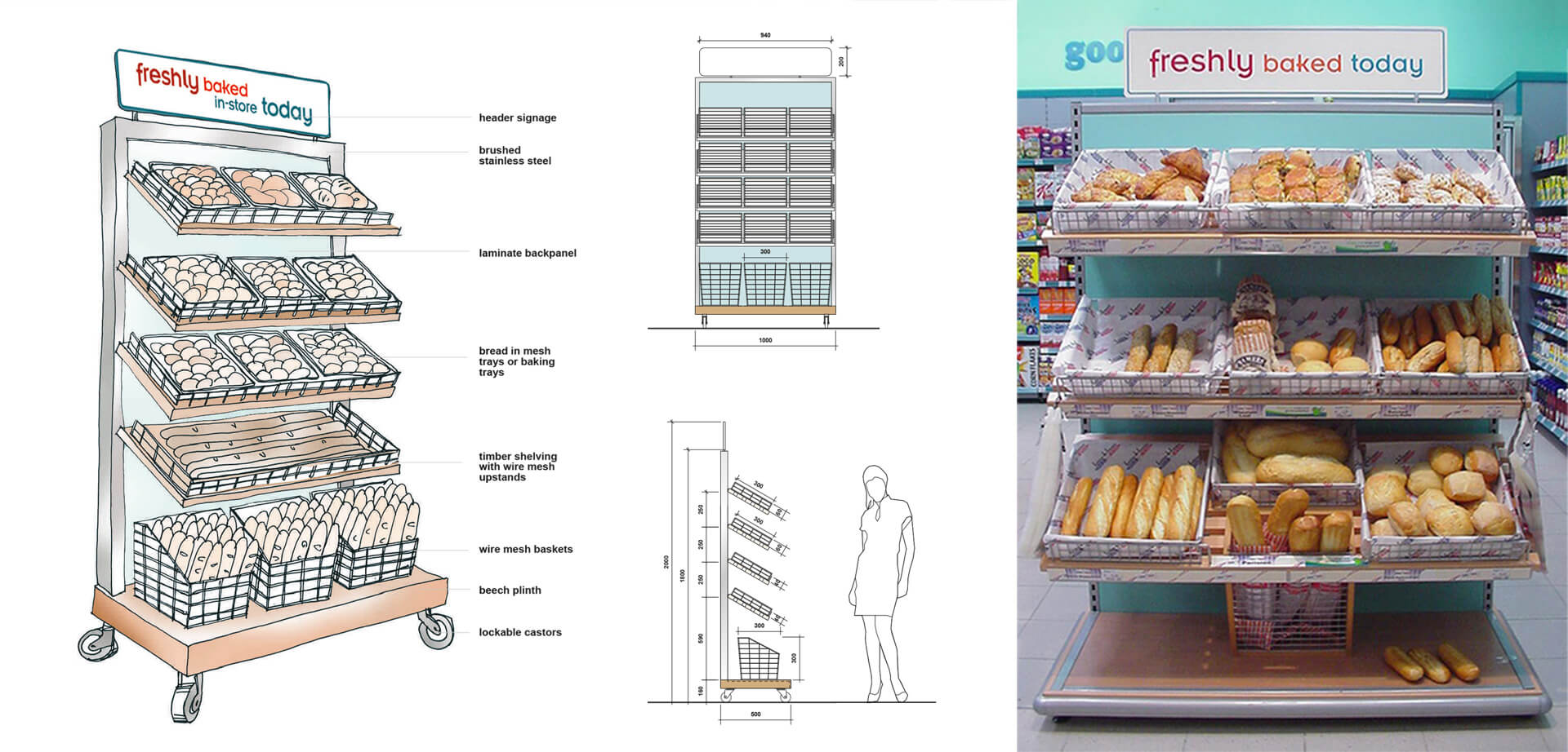 Das Bäckerei-Präsentationssystem von Centra ist für den Einsatz im Einzelhandel konzipiert und dient der Präsentation von frisch gebackenen Produkten. Es zeichnet sich durch ein modulares Design mit Holzregalen und Drahtgitter-Aufkantungen aus. Die Komponenten sind aus gebürstetem Edelstahl gefertigt, die Rückwand aus Laminat. Dank der feststellbaren Rollen ist das System leicht zu bewegen. Zur Präsentation von Brot können Gitterroste oder Backbleche verwendet werden. Ein Werbeschild für die Markenpräsentation ist ebenfalls enthalten.